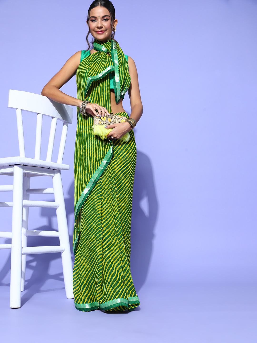 

Mitera Leheriya Saree with Woven Design border, Green