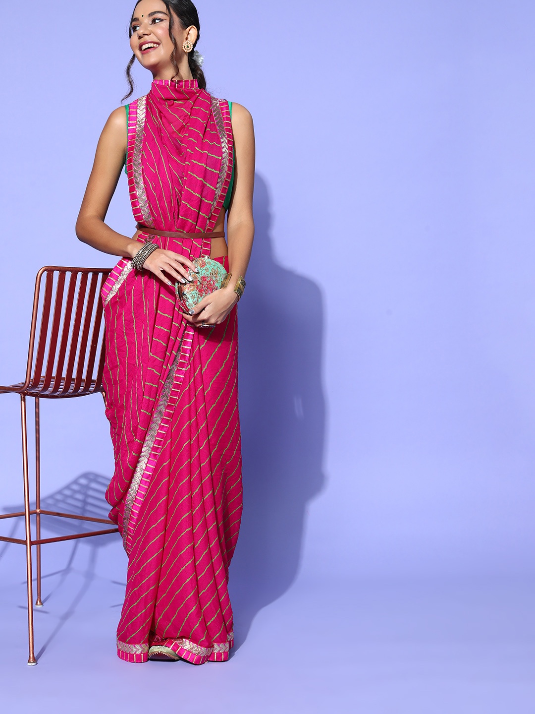 

Mitera Leheriya Saree with Woven Design border, Pink