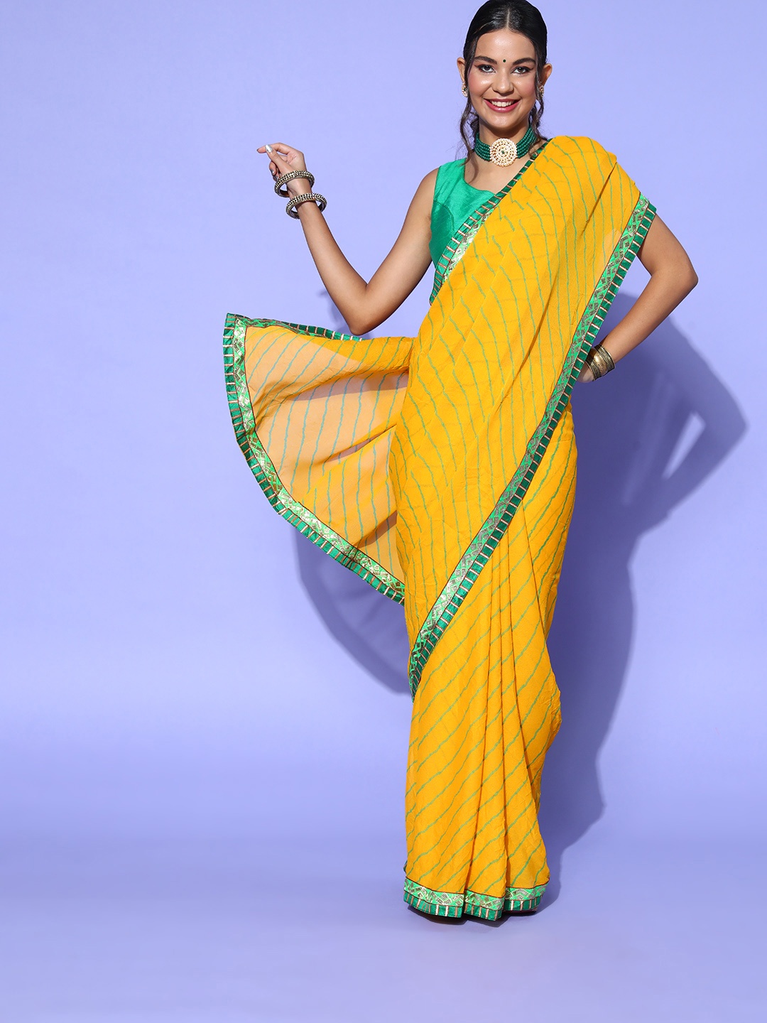 

Mitera Leheriya Saree with Woven Design border, Mustard