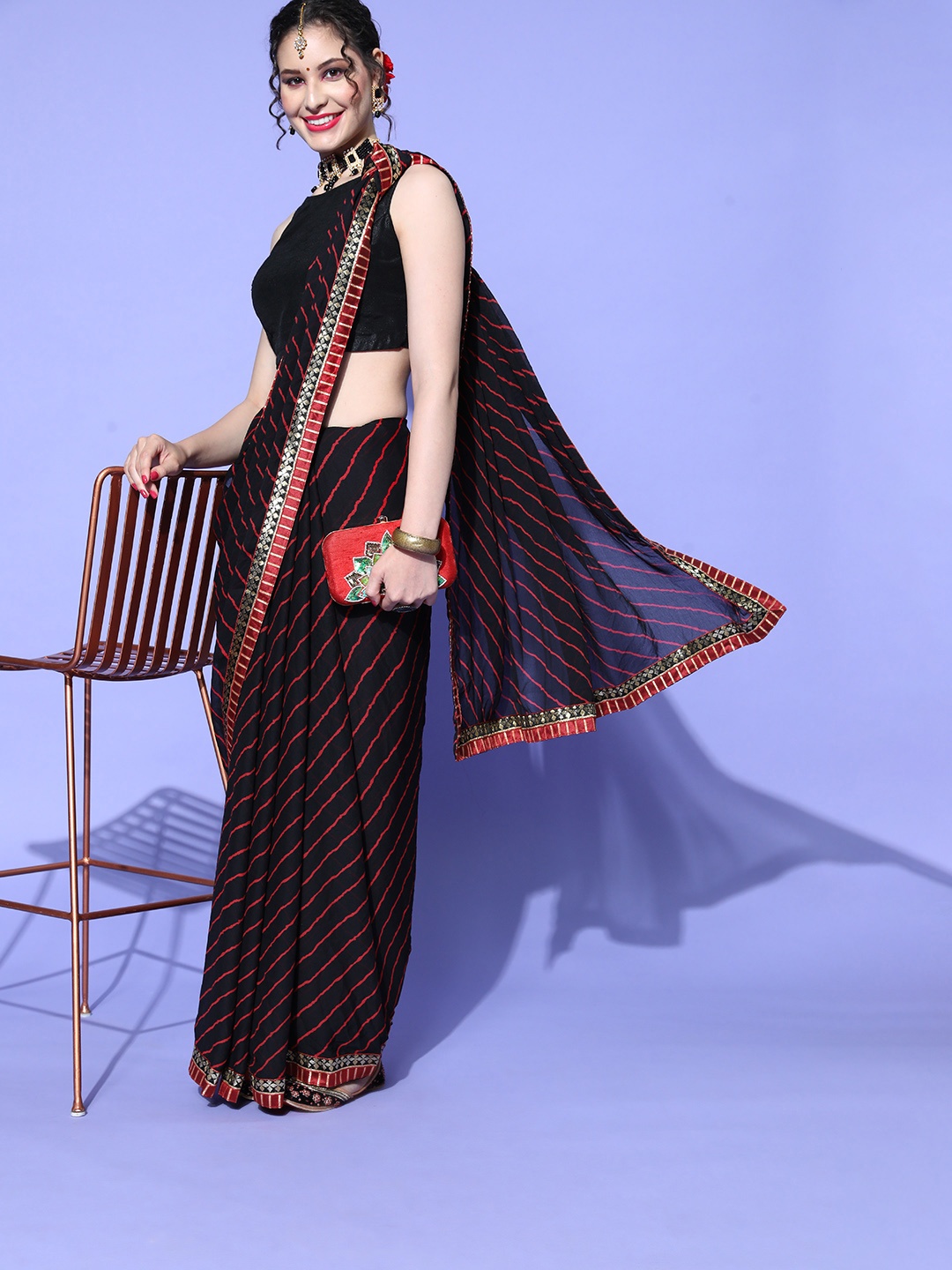 

Mitera Leheriya Saree with Woven Design border, Black