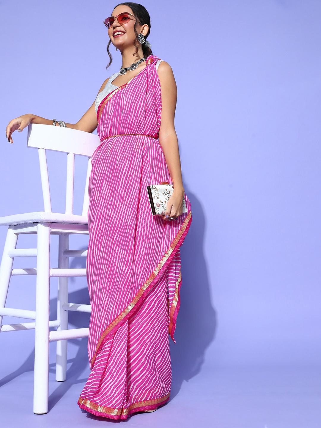 

Mitera Leheriya Saree with Woven Design border, Pink