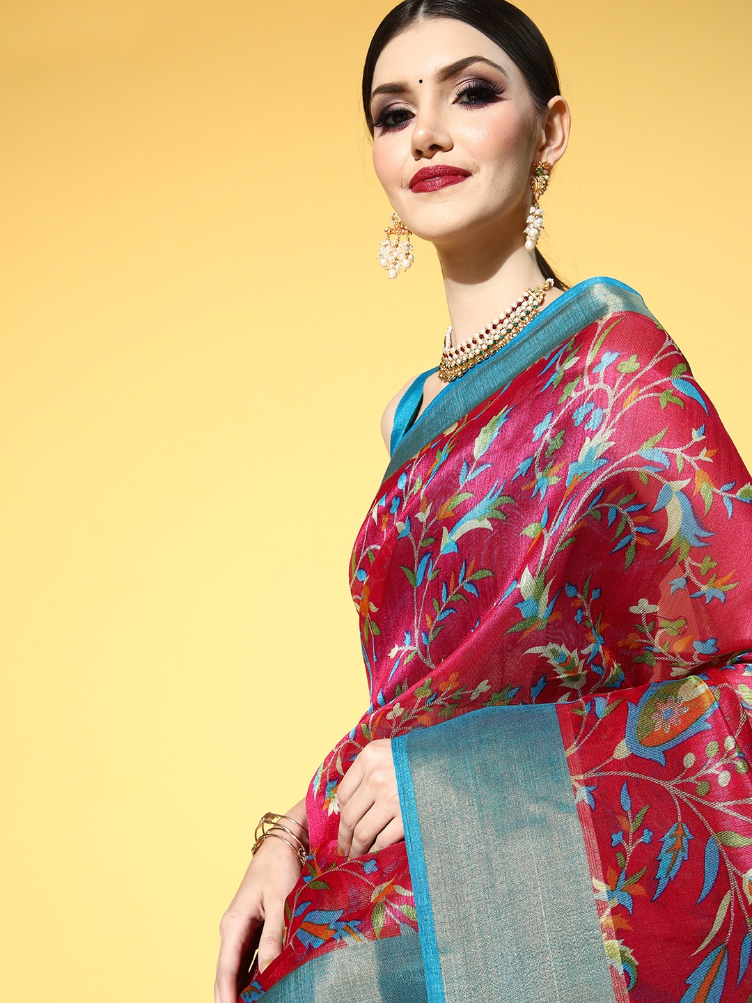 

Saree mall Kalamkari Saree With Zari Border, Magenta
