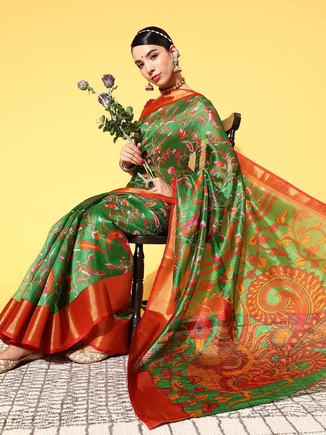 

Saree mall Ethnic Motifs Saree With Zari Border, Green