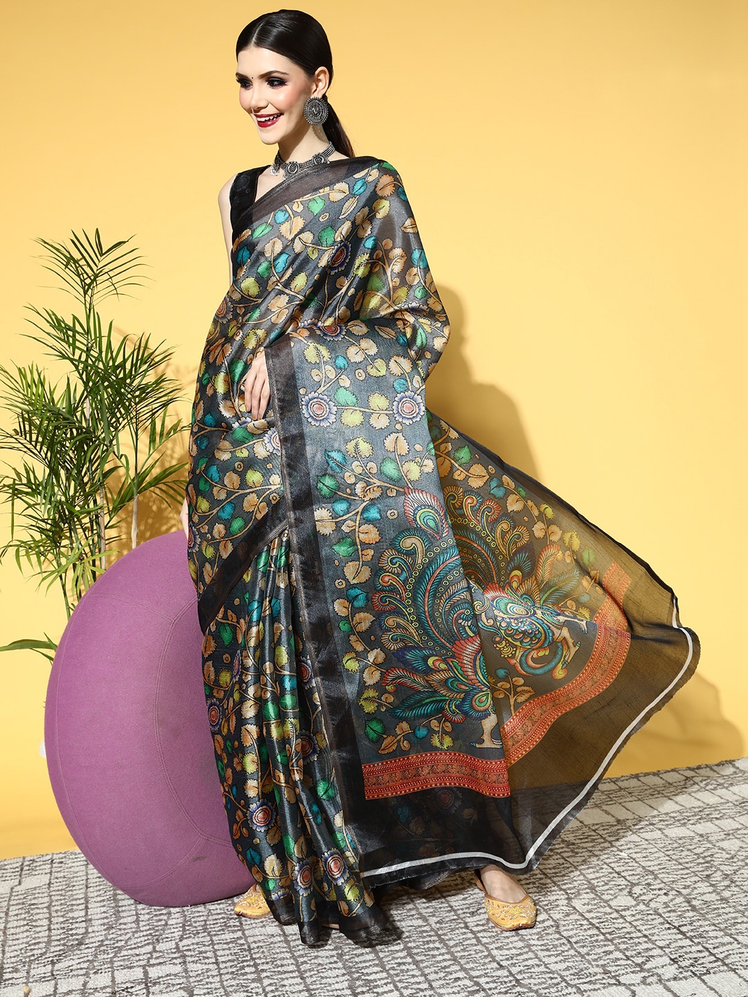 

Saree mall Kalamkari Saree With Solid Border, Charcoal