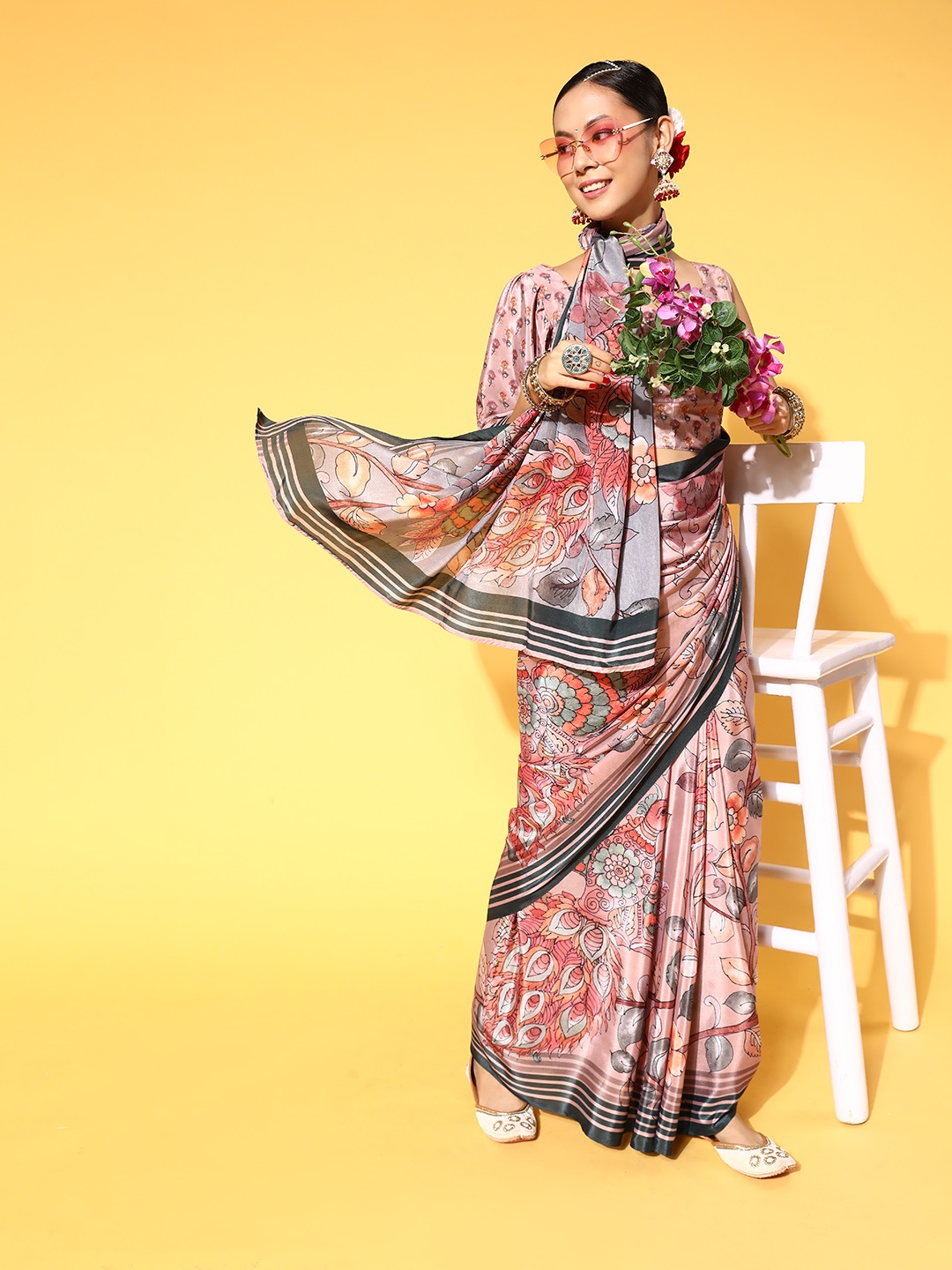 

Saree mall Kalamkari Saree with Printed Border, Peach