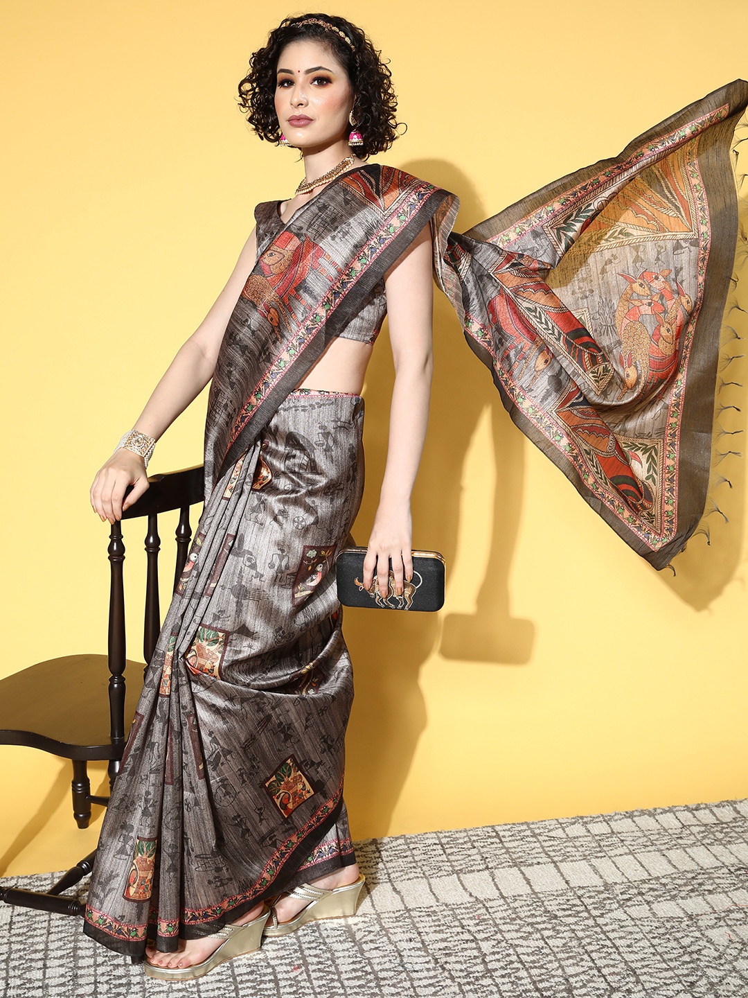 

Saree mall Kalamkari Saree With Solid Border, Grey