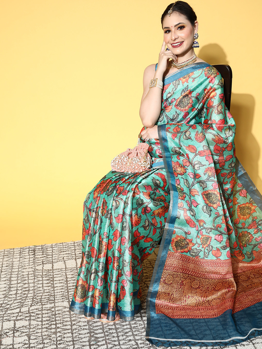 

Saree mall Ethnic Motifs Saree With Solid Border, Sea green