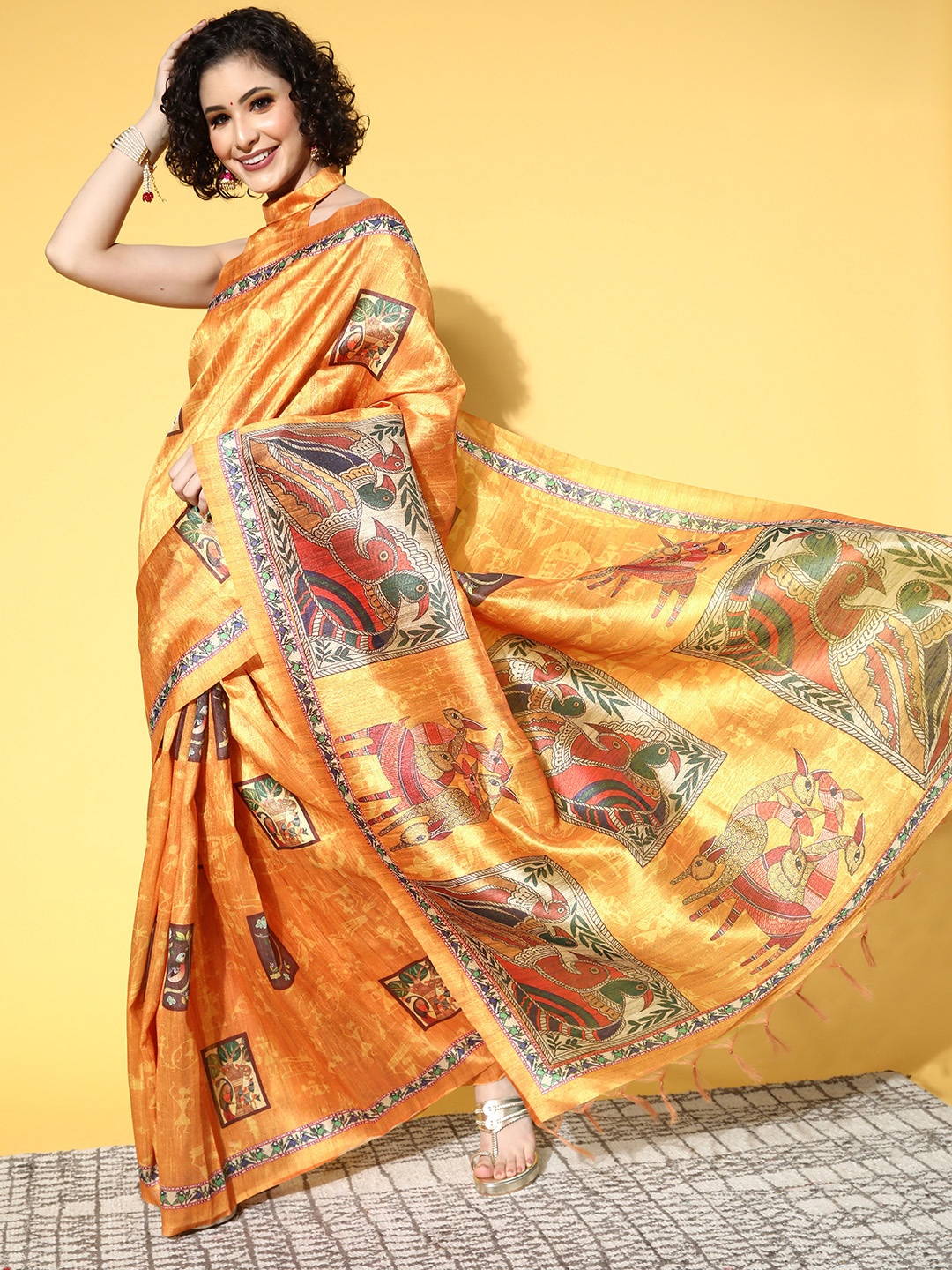 

Saree mall Kalamkari Saree with Printed Border, Beige