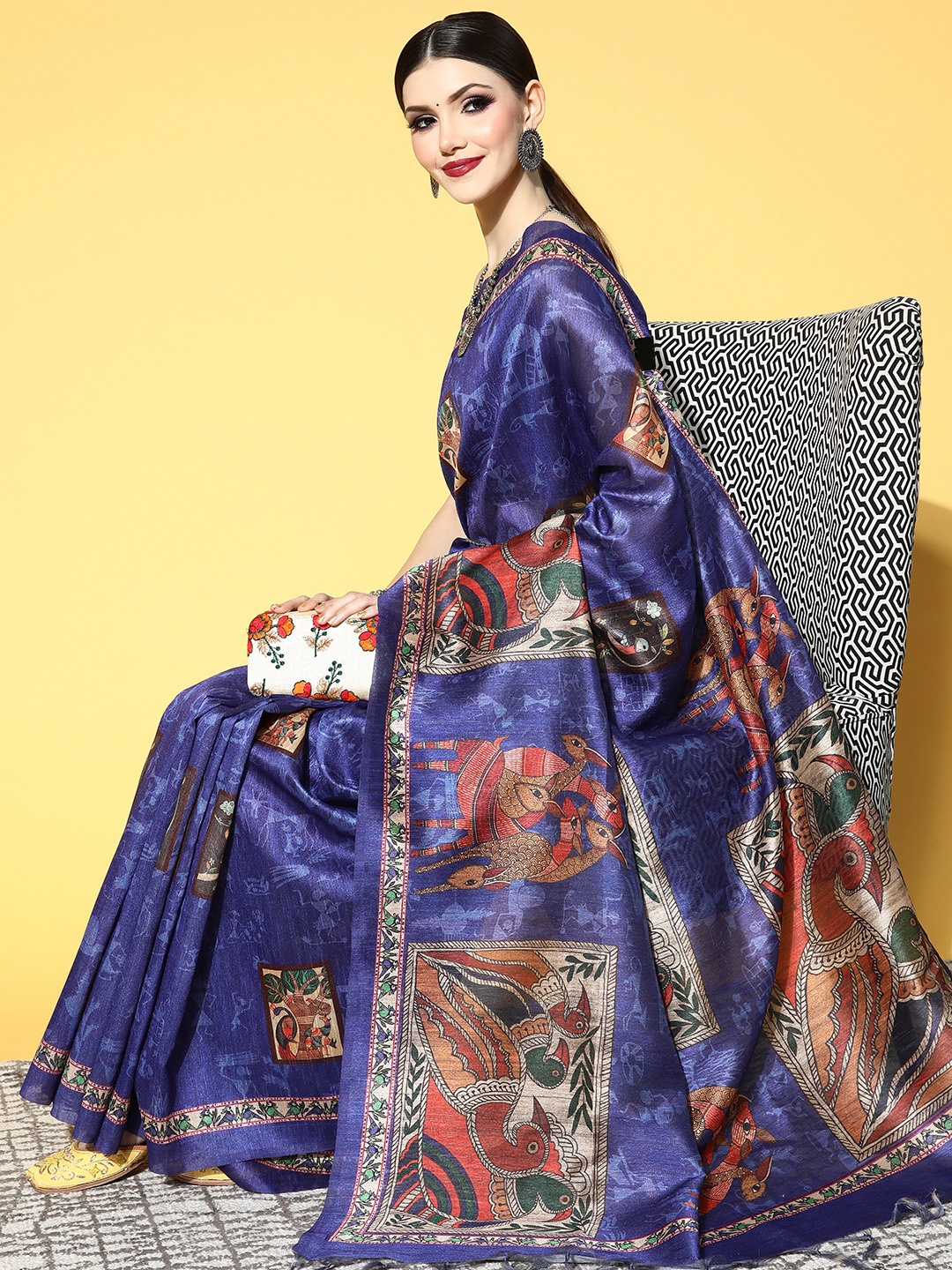 

Saree mall Kalamkari Saree with Printed Border, Blue