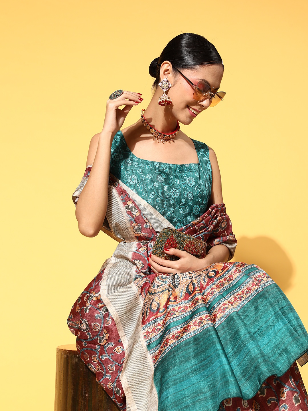 

Saree mall Kalamkari Saree with Solid Border, Brown