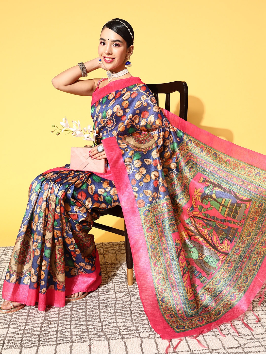 

Saree mall Kalamkari Saree With Solid Border, Blue