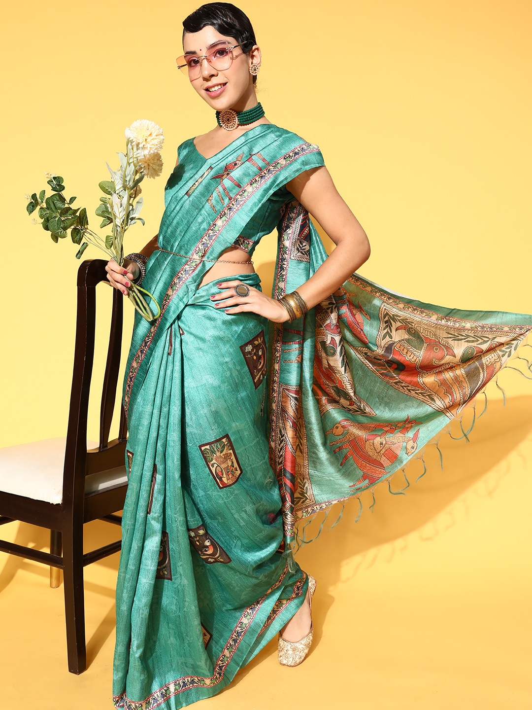

Saree mall Kalamkari Saree with Solid Border, Sea green