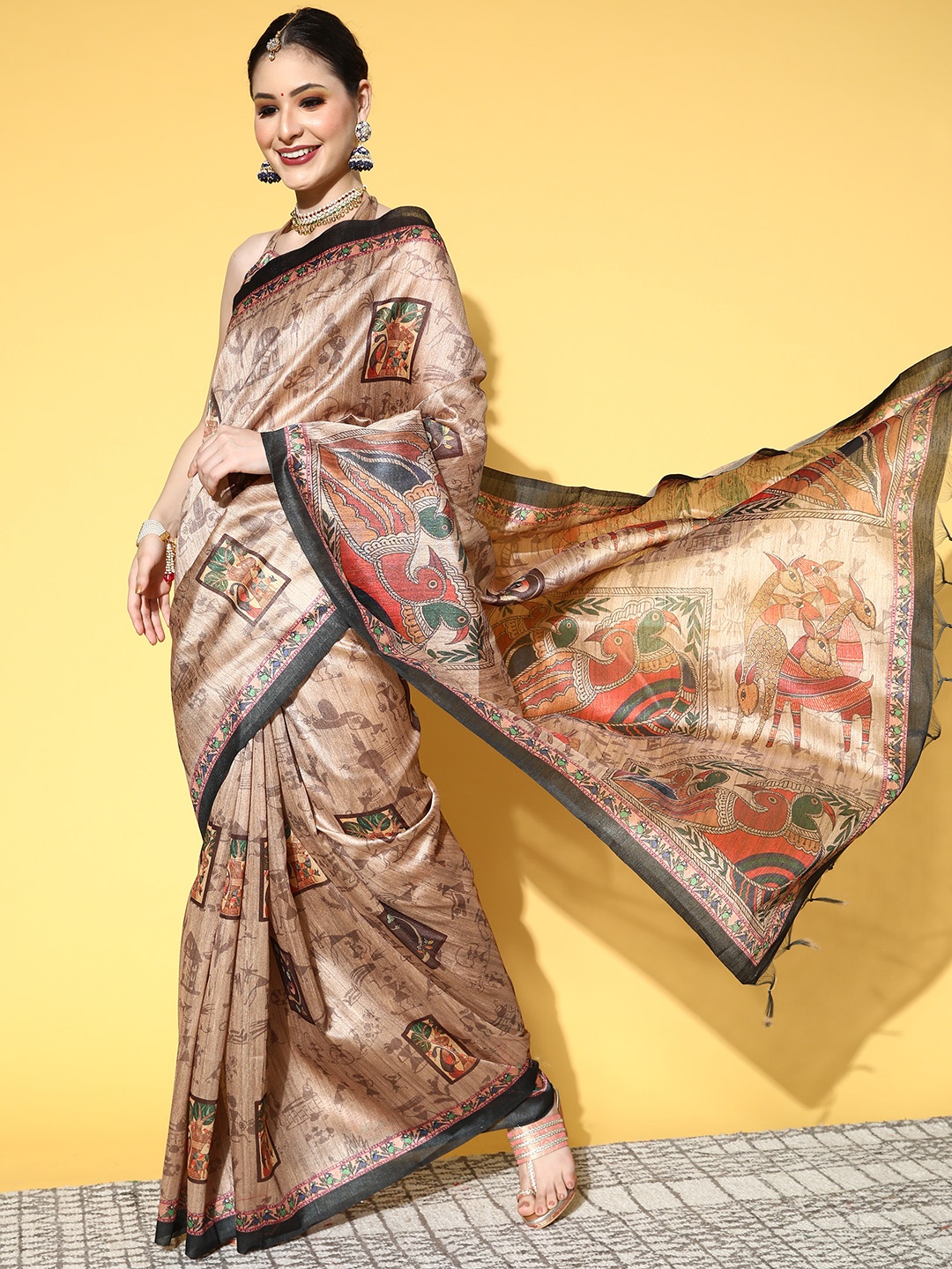 

Saree mall Kalamkari Saree With Solid Border, Beige