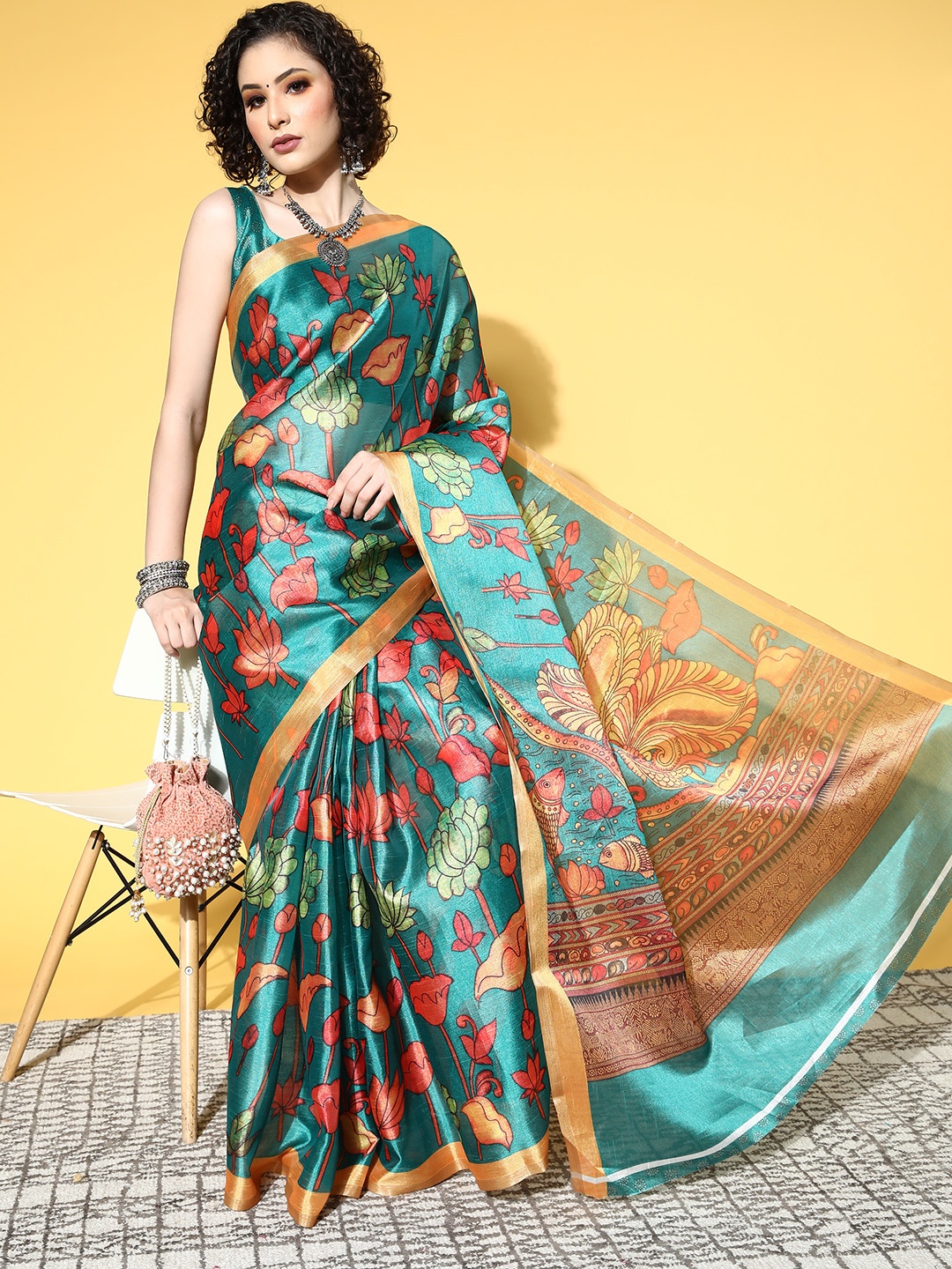 

Saree mall Kalamkari Saree With Solid Border, Teal