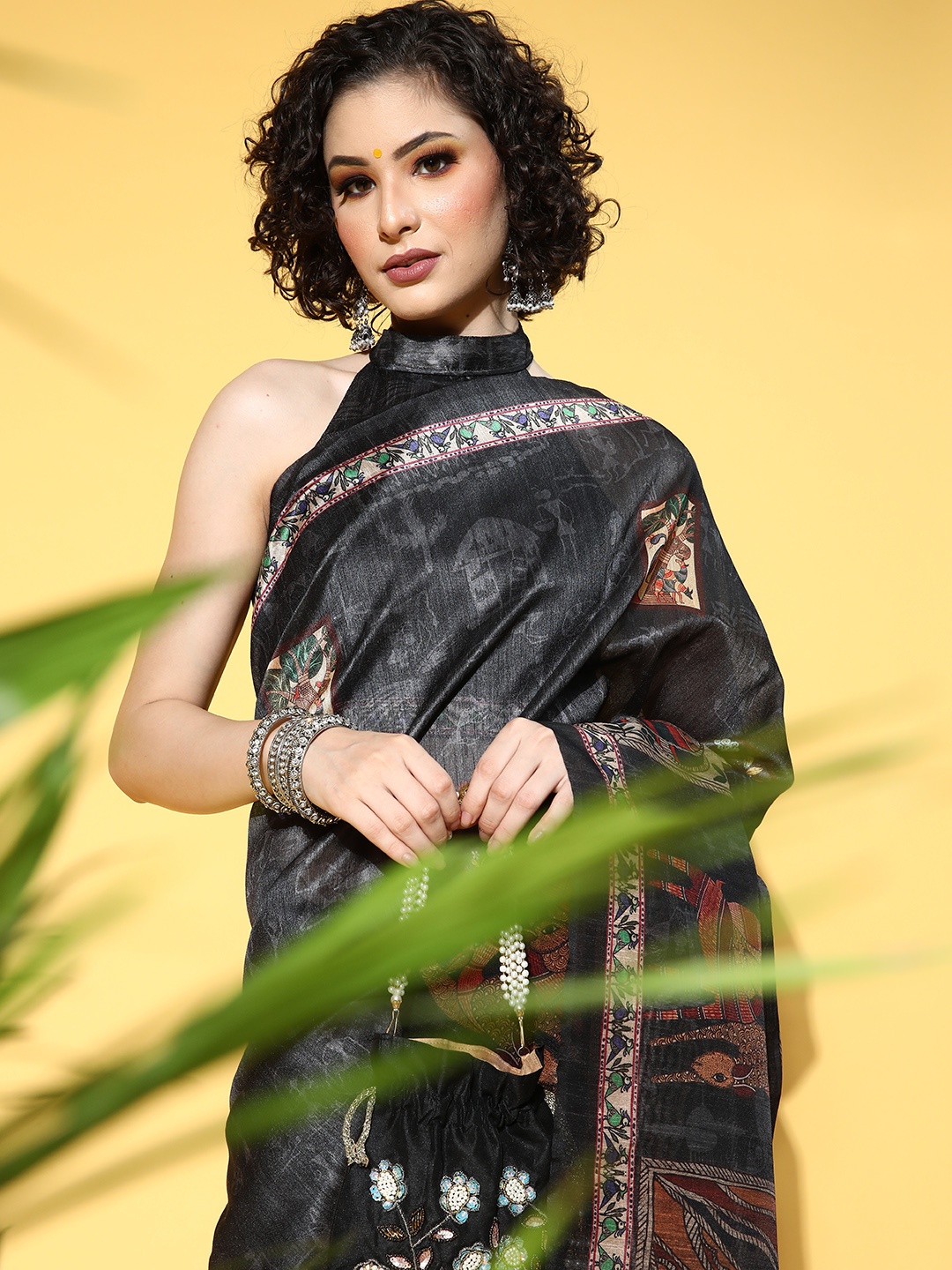 

Saree mall Kalamkari Saree With Printed Border, Black