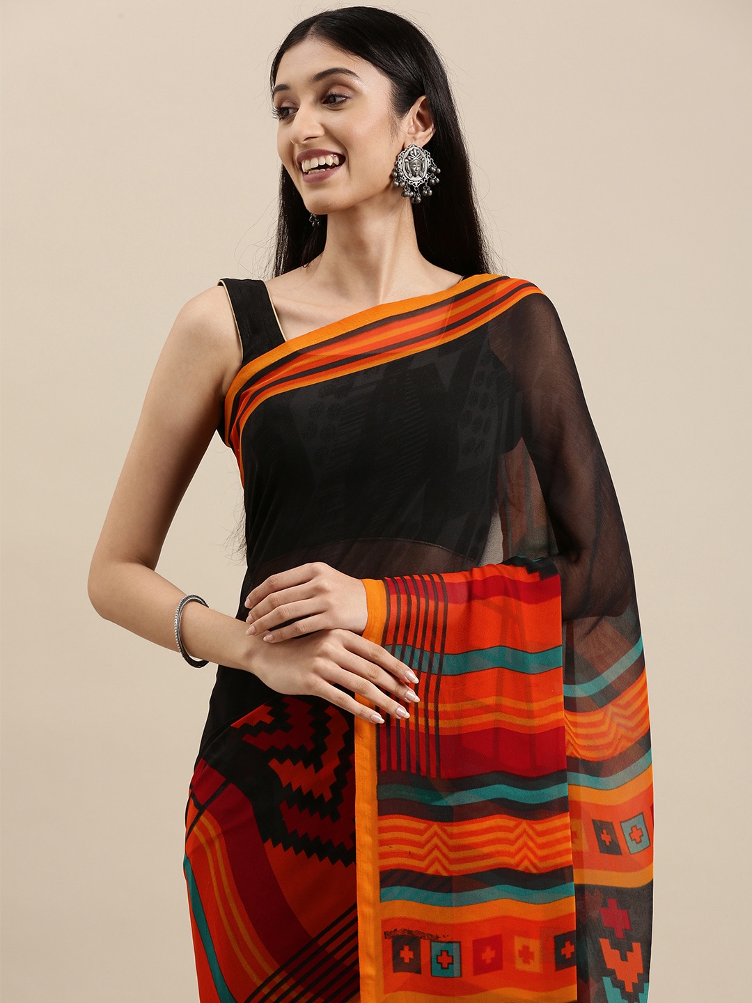 

Shaily Black & Orange Geometric Printed Saree With Unstitched Blouse