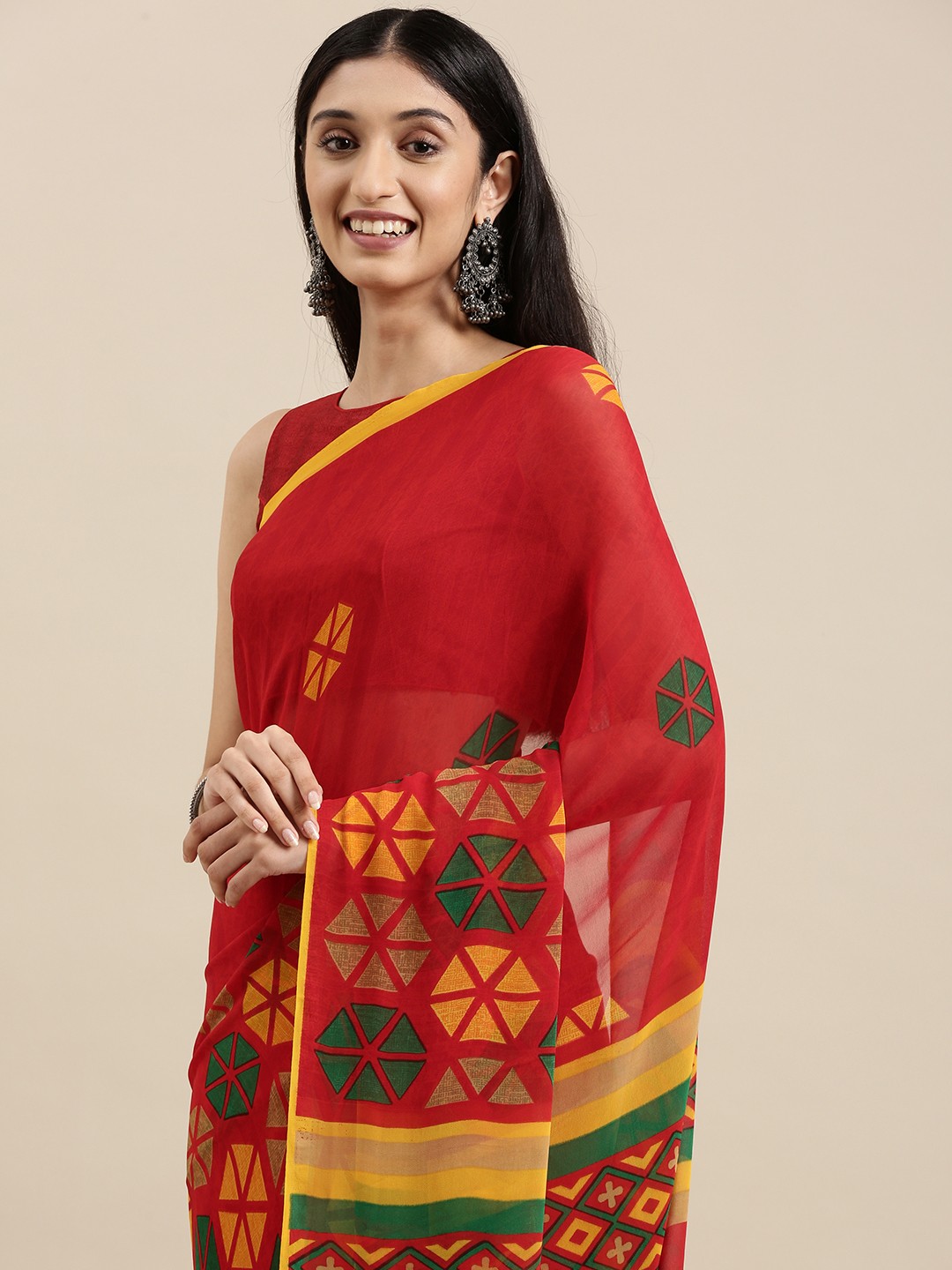 

Shaily Red & Yellow Geometric Print Saree With Unstitched Blouse