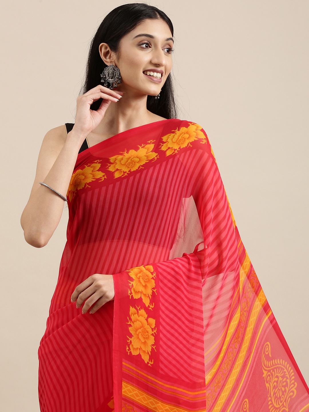 

Shaily Pink & Mustard Yellow Striped Floral Print Saree With Unstitched Blouse