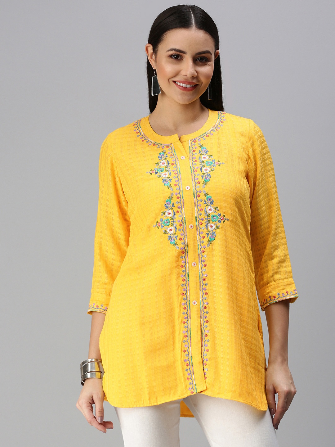 

ETIQUETTE Yellow & Blue Floral Embroidered Kurti