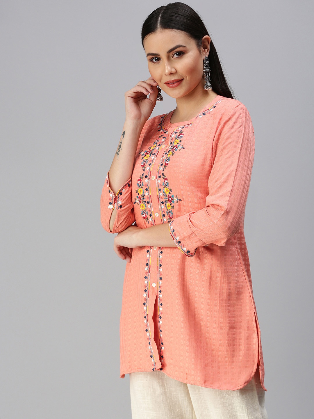 

ETIQUETTE Peach-Coloured & Blue Floral Embroidered Kurti