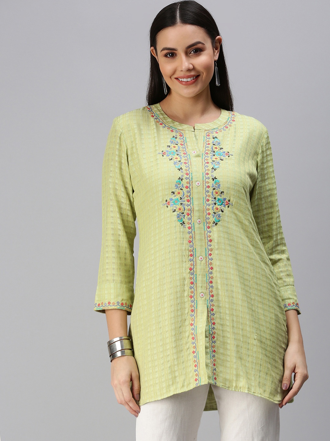 

ETIQUETTE Green & Blue Striped Floral Embroidered Kurti