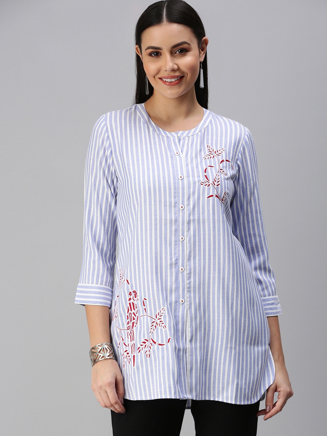 

ETIQUETTE Blue & White Striped Embroidered Kurti