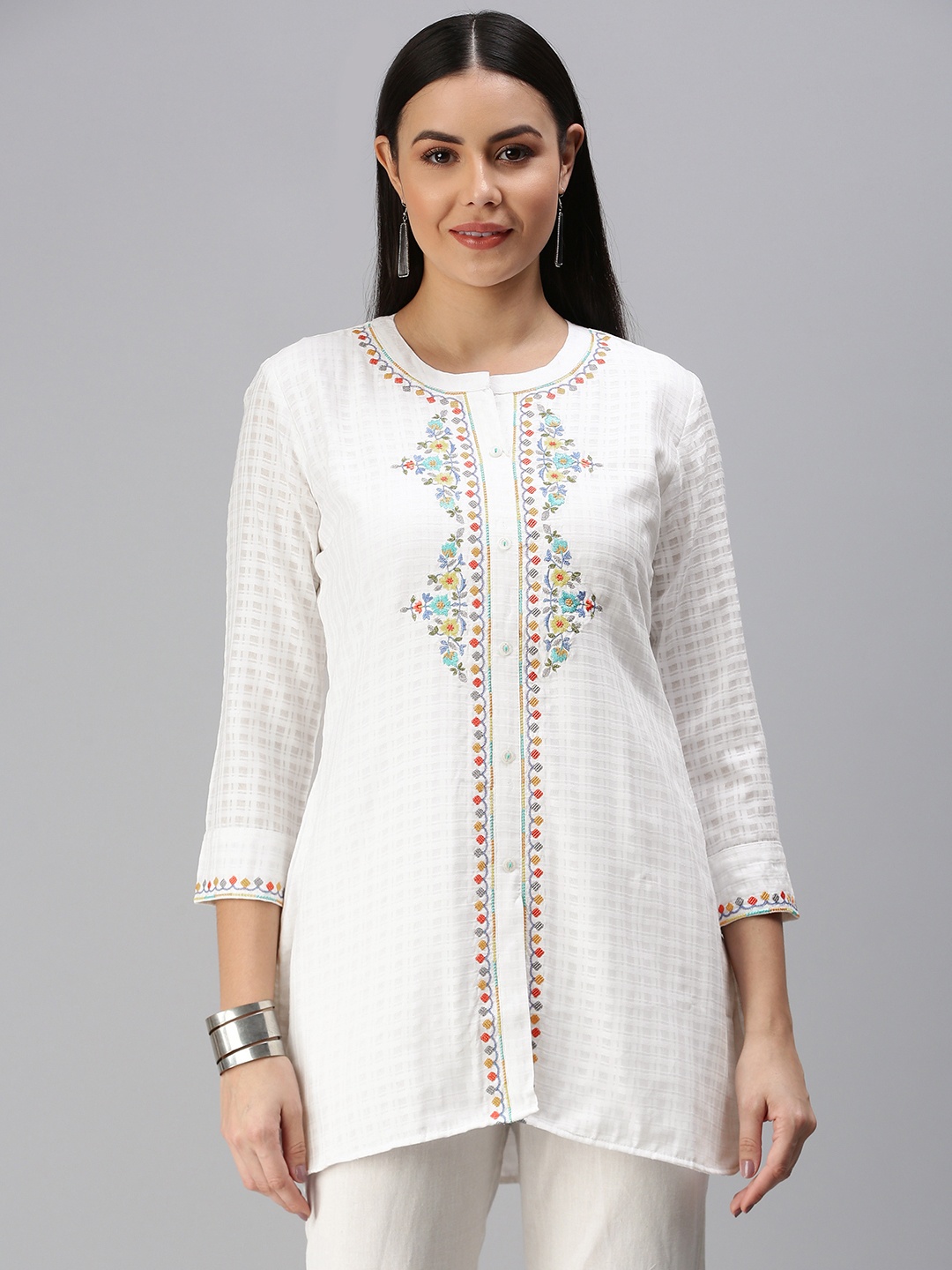 

ETIQUETTE White & Yellow Floral Embroidered Kurti