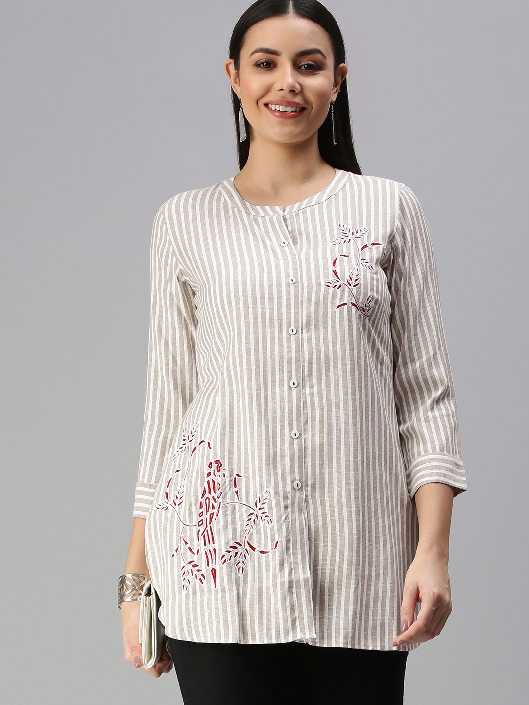 

ETIQUETTE Green & White Striped Embroidered Kurti