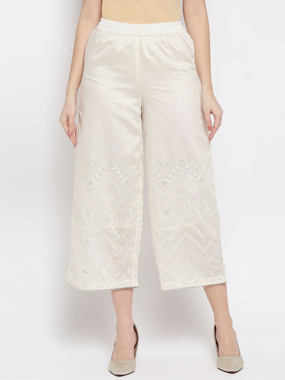 

Ethnicity Women Off White Embroidered Cropped Palazzos