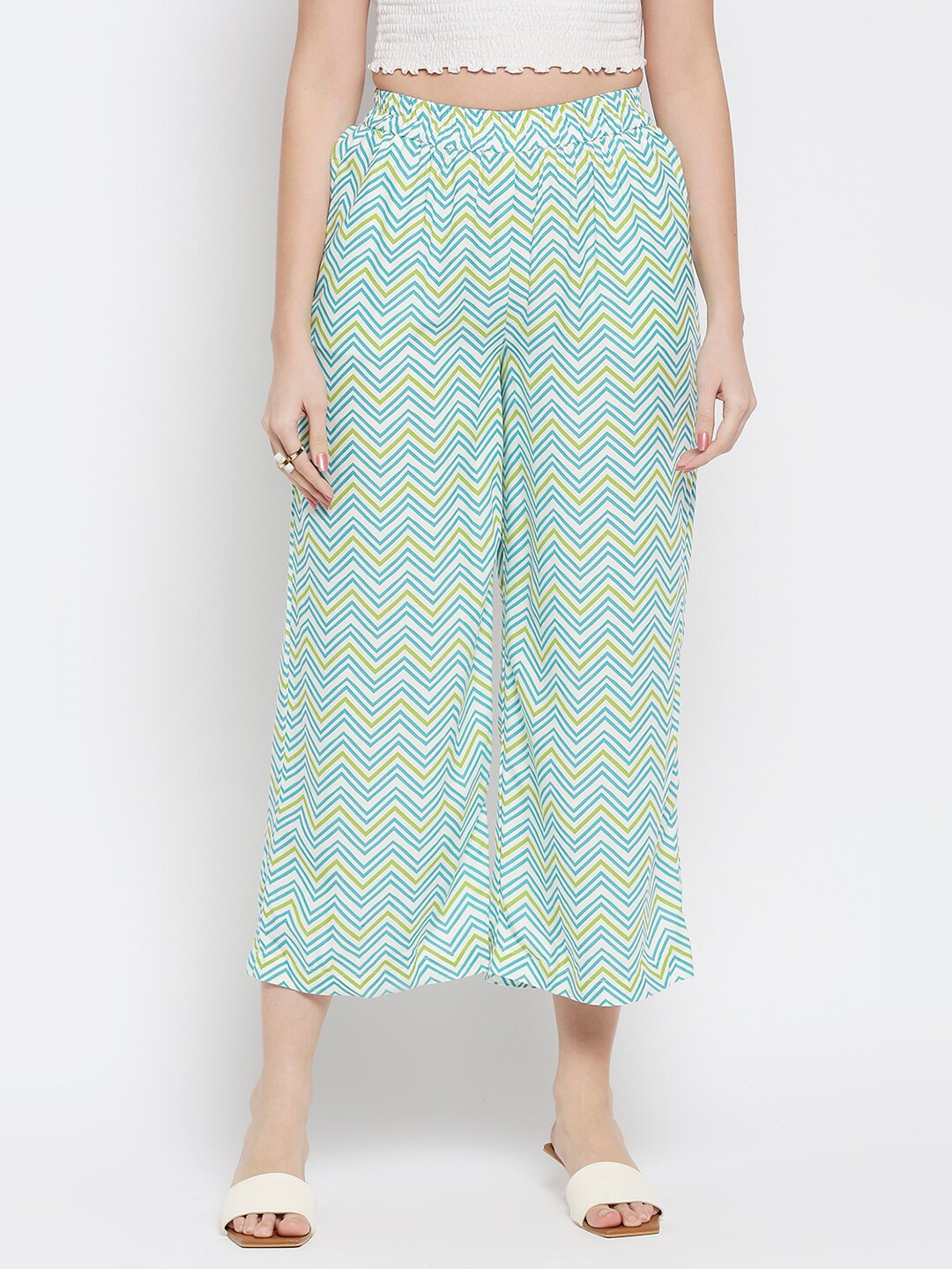 

Ethnicity Women Green & White Printed Cropped Palazzos