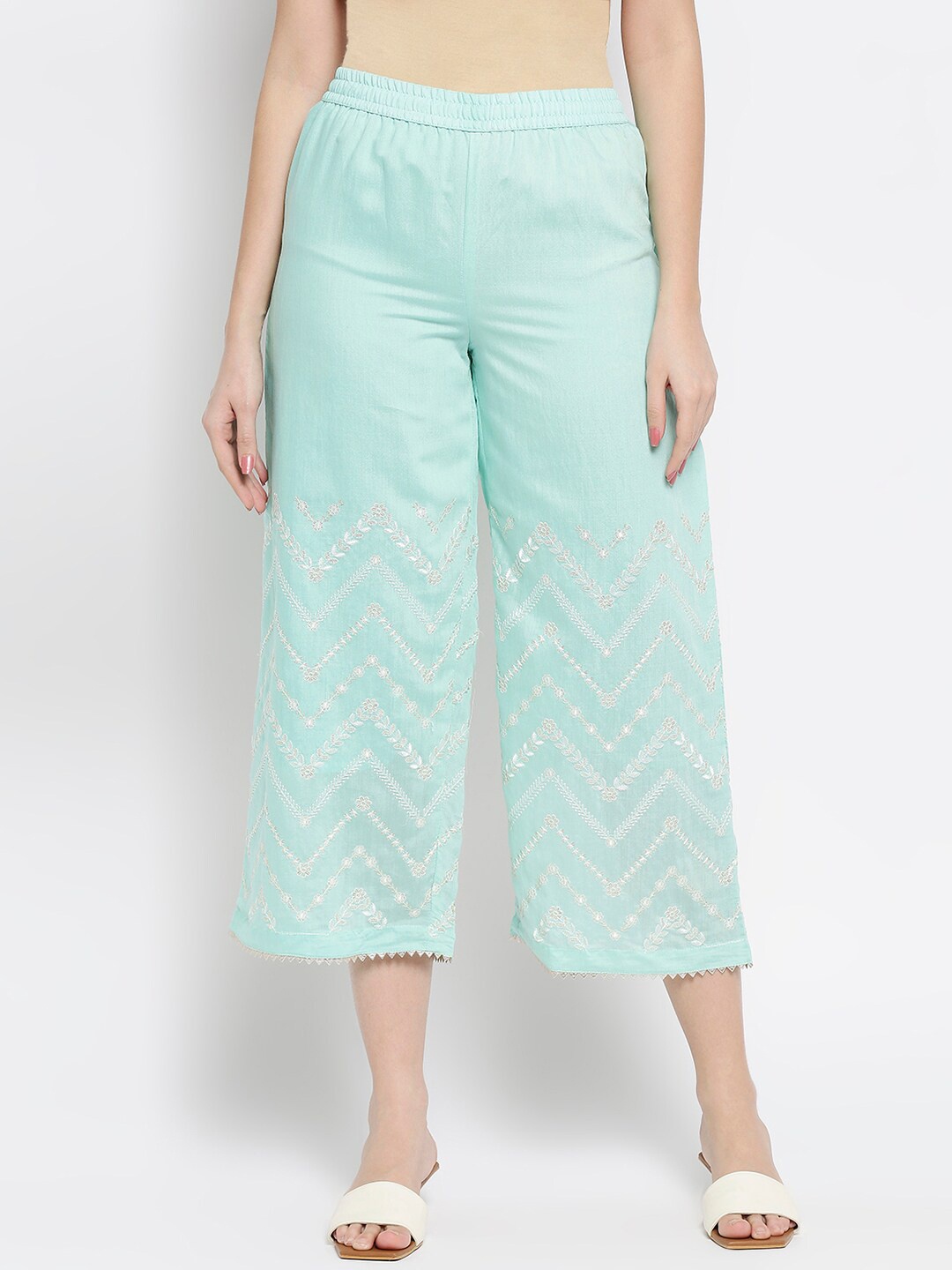 

Ethnicity Women Blue & White Floral Embroidered Cropped Ethnic Palazzos