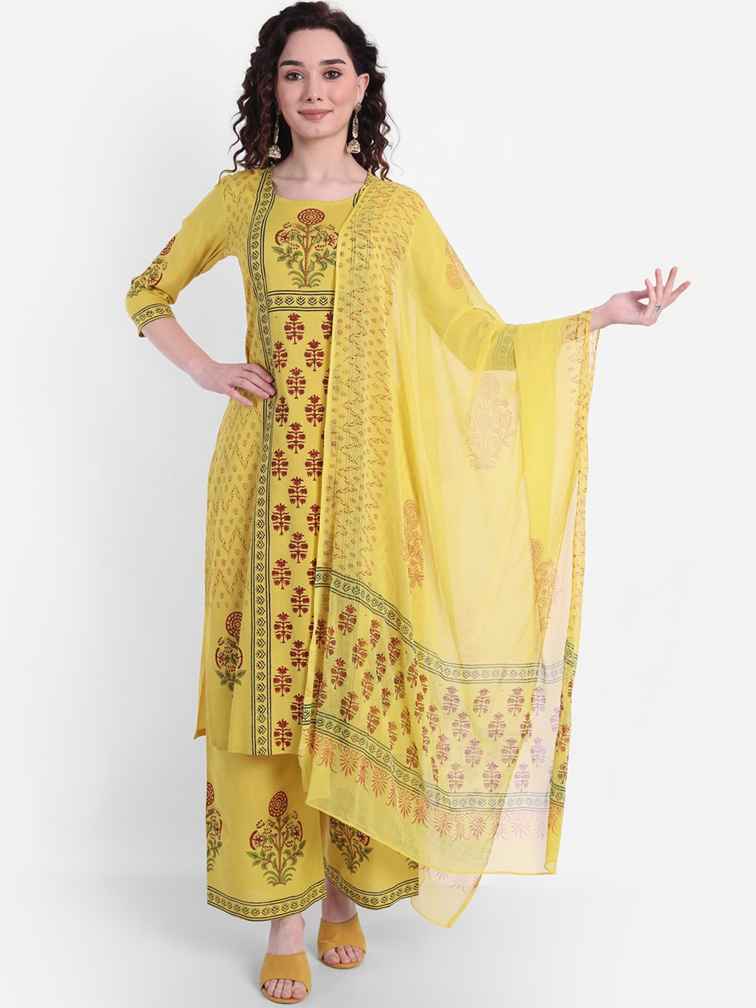 

Wyfees Women Yellow Ethnic Motifs Printed Pleated Kurta with Palazzos & With Dupatta