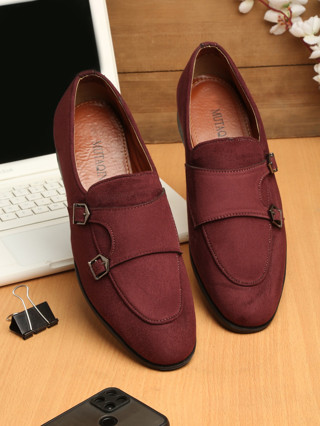 

MUTAQINOTI Men Burgundy Solid Formal Loafers