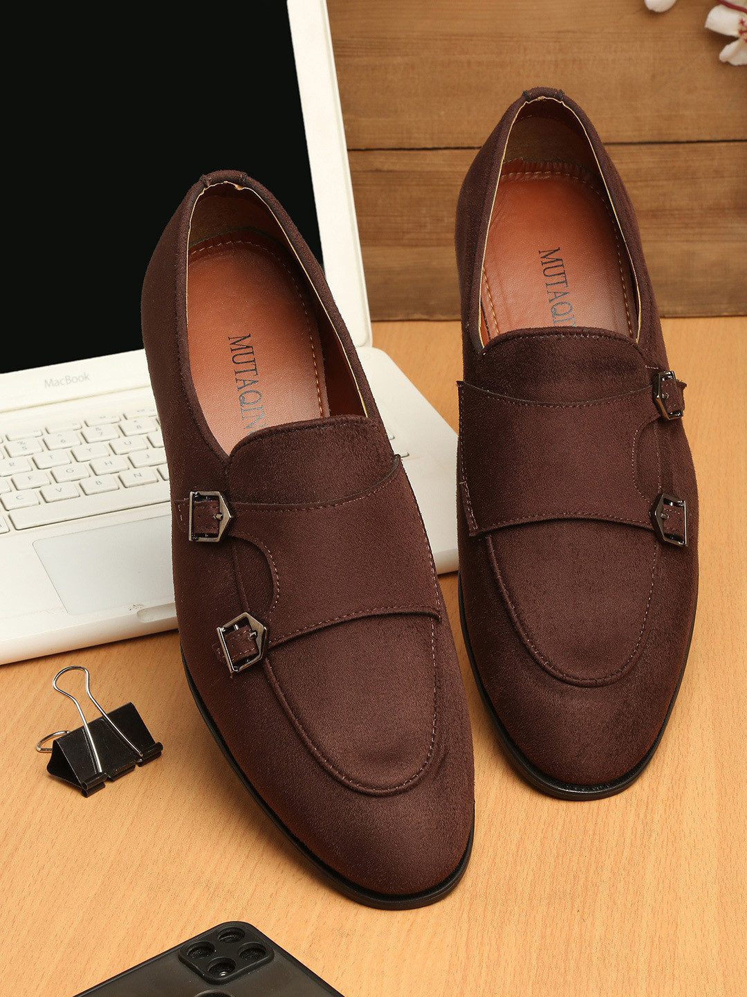 

MUTAQINOTI Men Brown Textured Suede Leather Monks Slip-on