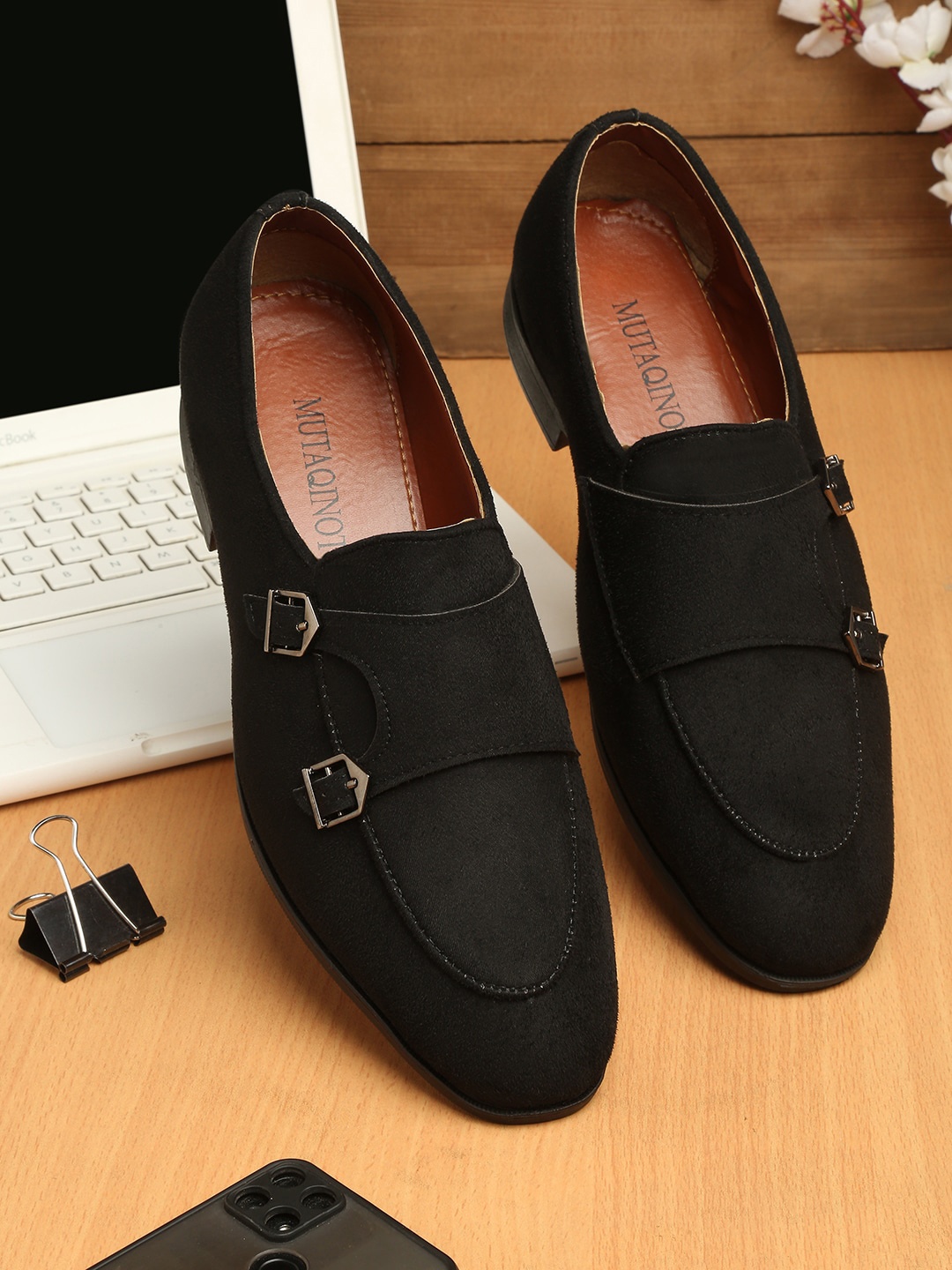 

MUTAQINOTI Men Black Solid Formal Monk Shoes