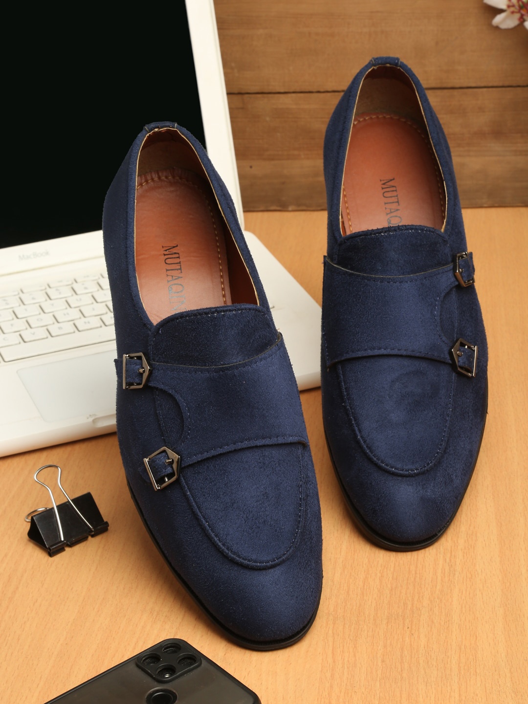 

MUTAQINOTI Men Blue Suede Leather Formal Monk Shoes