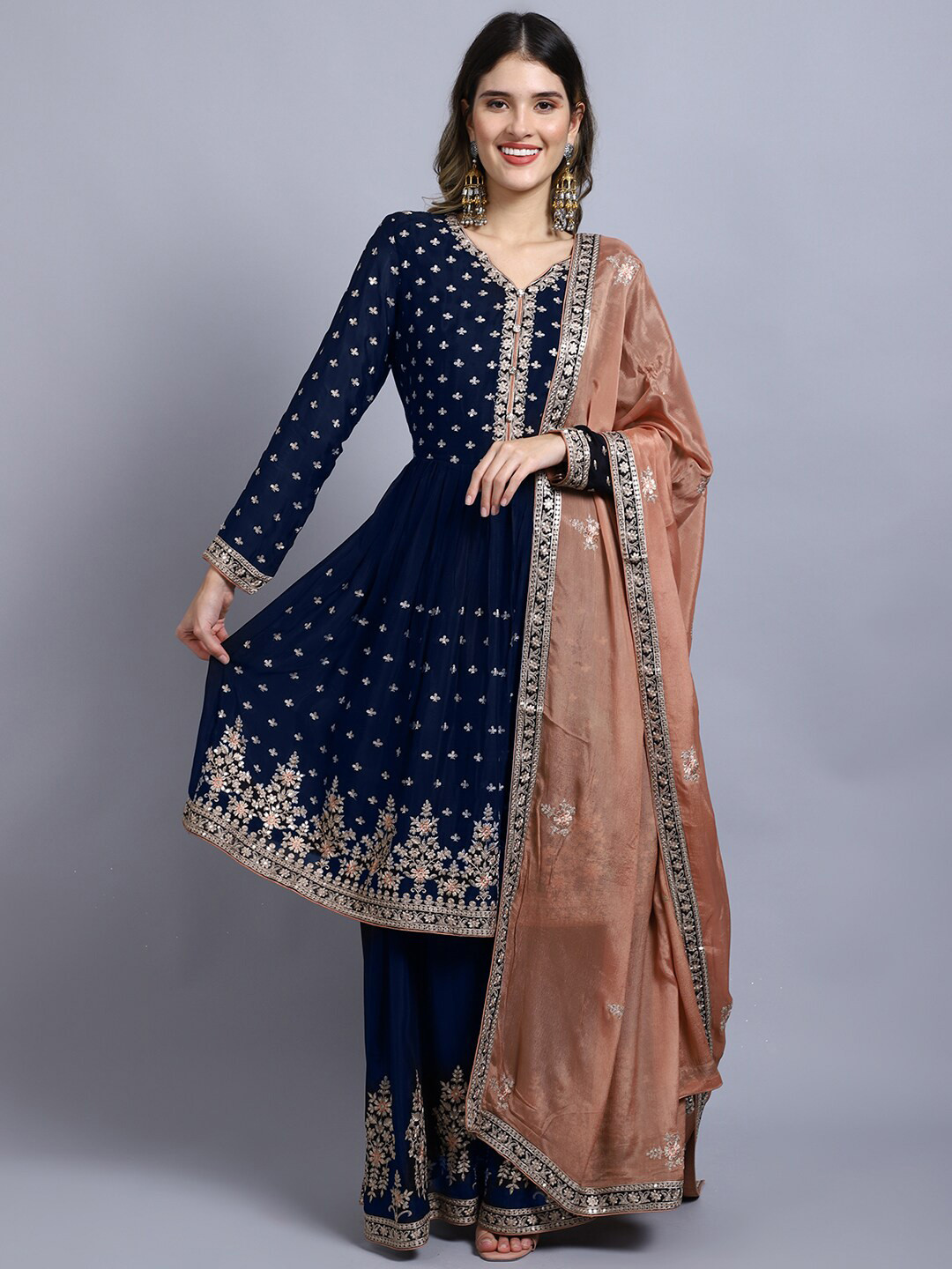 

Stylee LIFESTYLE Navy Blue & Peach-Coloured Printed Semi-Stitched Dress Material