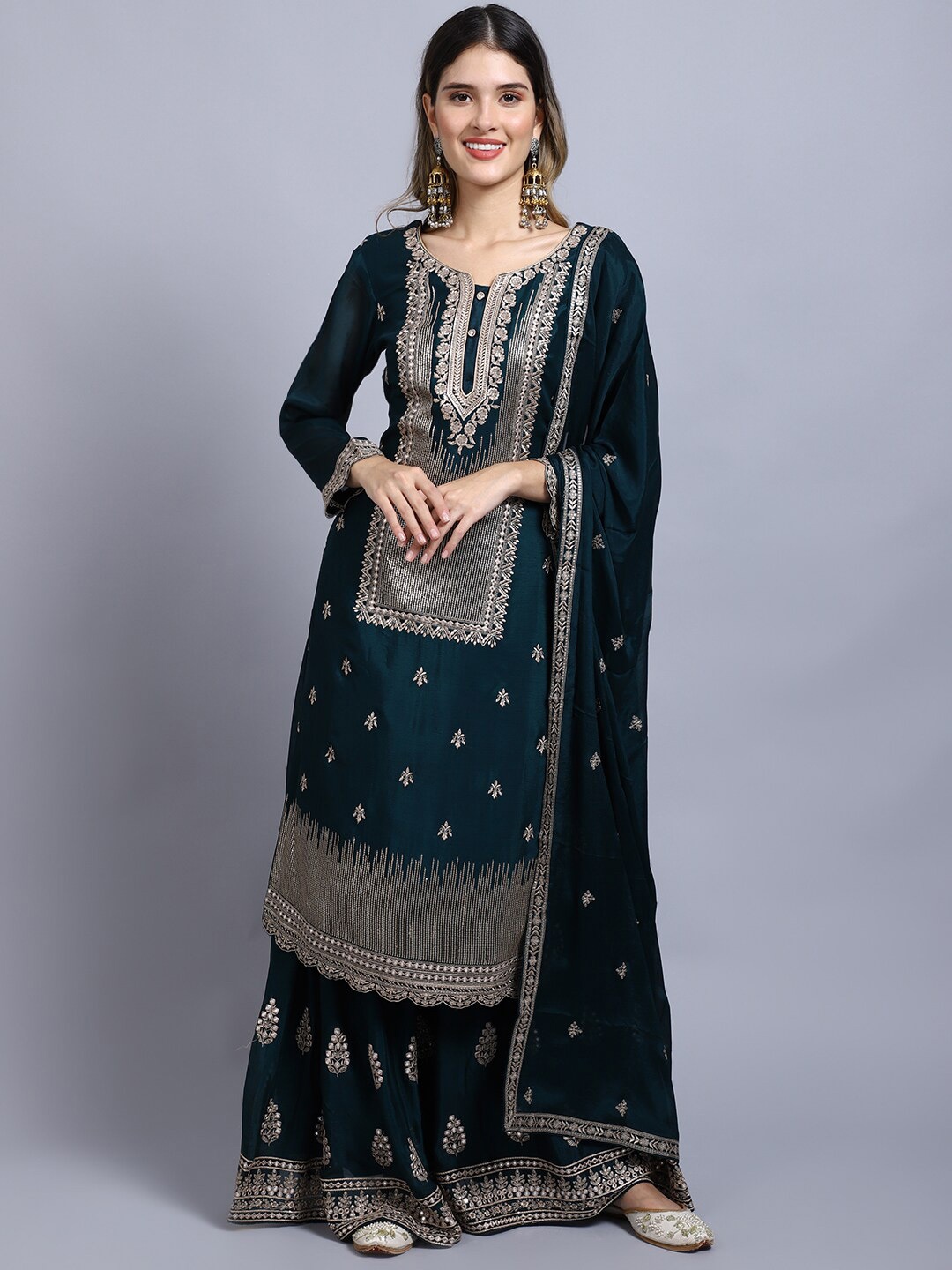 

Stylee LIFESTYLE Teal & Gold-Toned Embroidered Semi-Stitched Dress Material