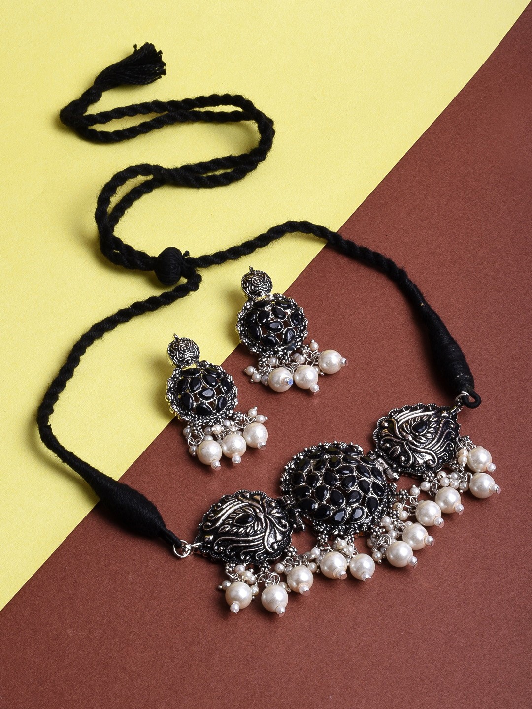 

STEORRA JEWELS Black Tribal Oxidised Choker Jewellery Set