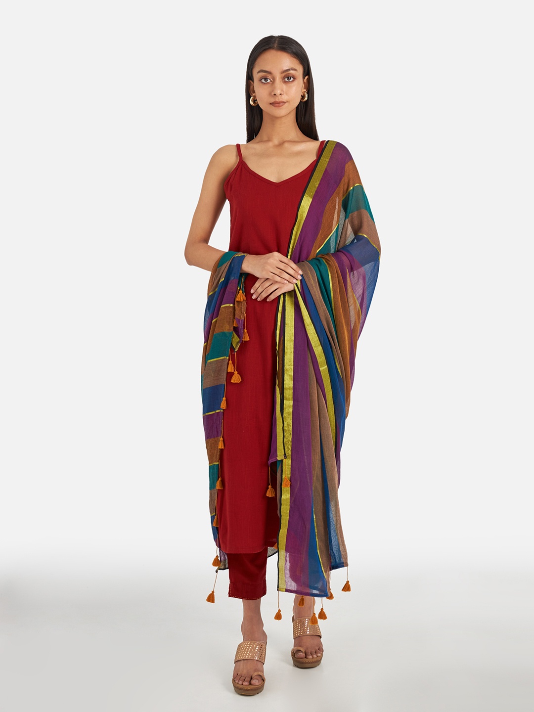

Suta Women Maroon Striped Pure Cotton Kurta with Churidar & With Dupatta