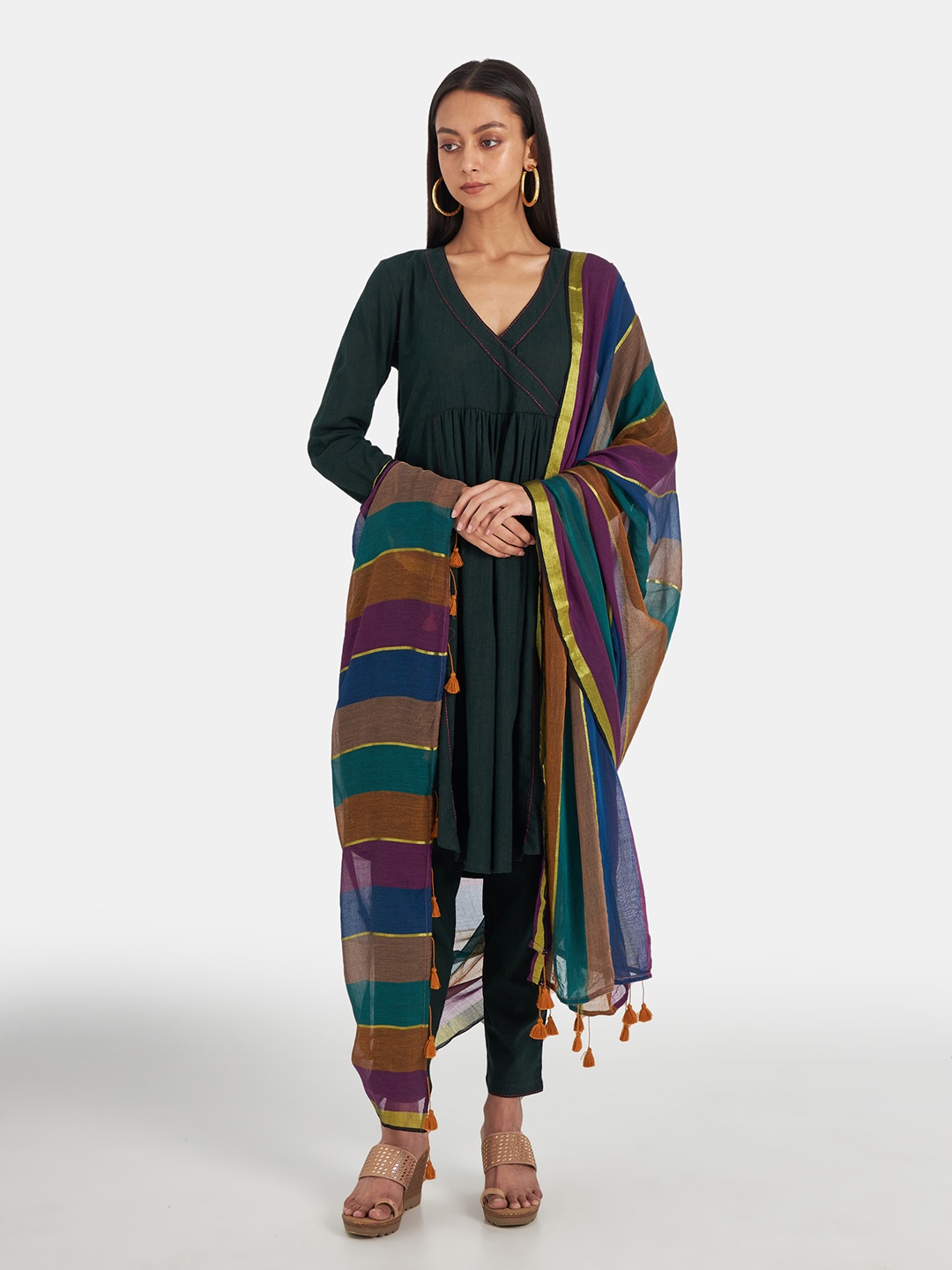 

Suta Women Green Striped Pure Cotton Kurti with Trousers & With Dupatta