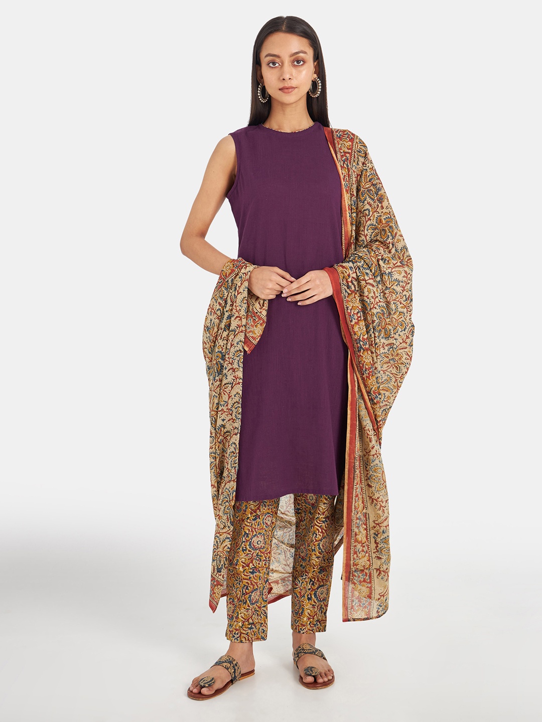 

Suta Women Purple Layered Pure Cotton Kurta with Trousers & With Dupatta