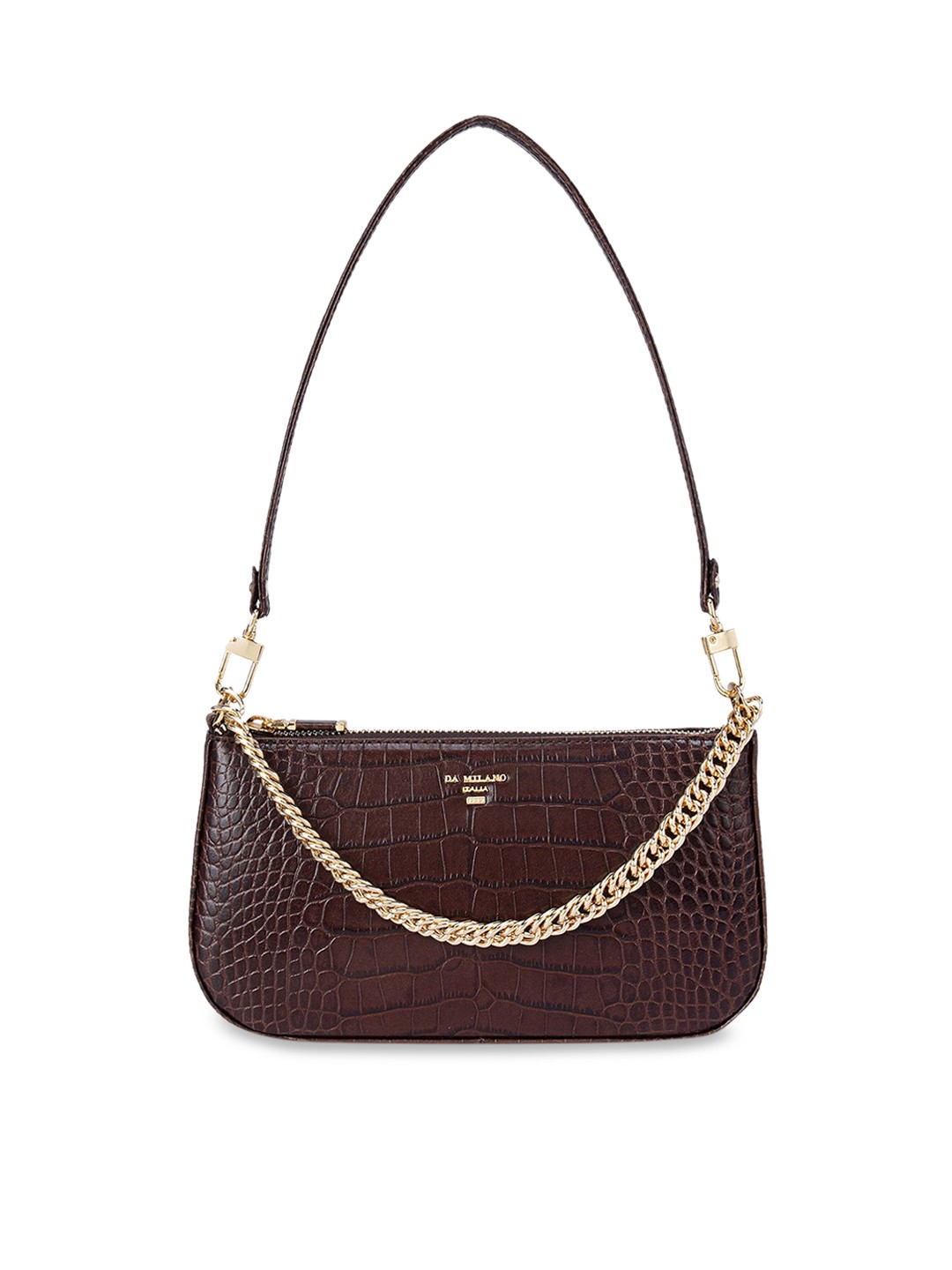 

Da Milano Brown Textured Leather Half Moon Sling Bag with Quilted