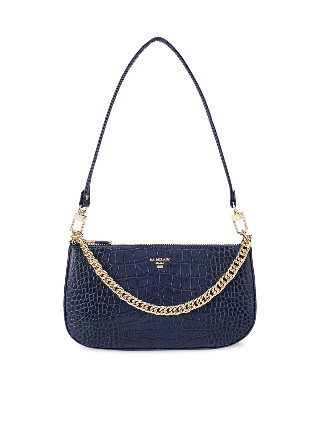 

Da Milano Blue Textured Leather Structured Sling Bag with Quilted