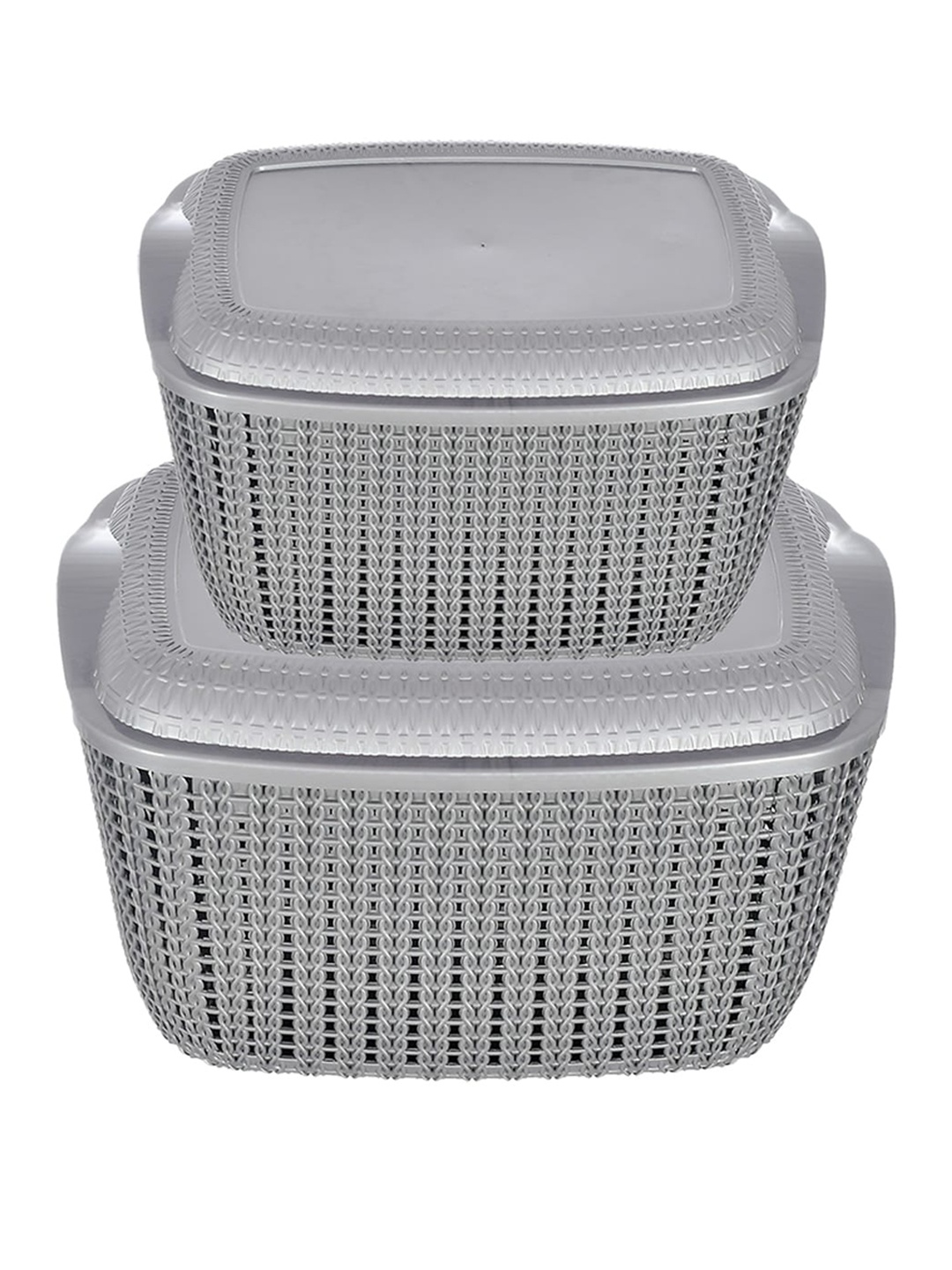 

Kuber Industries Grey Set of 2 Plastic Basket With Lid