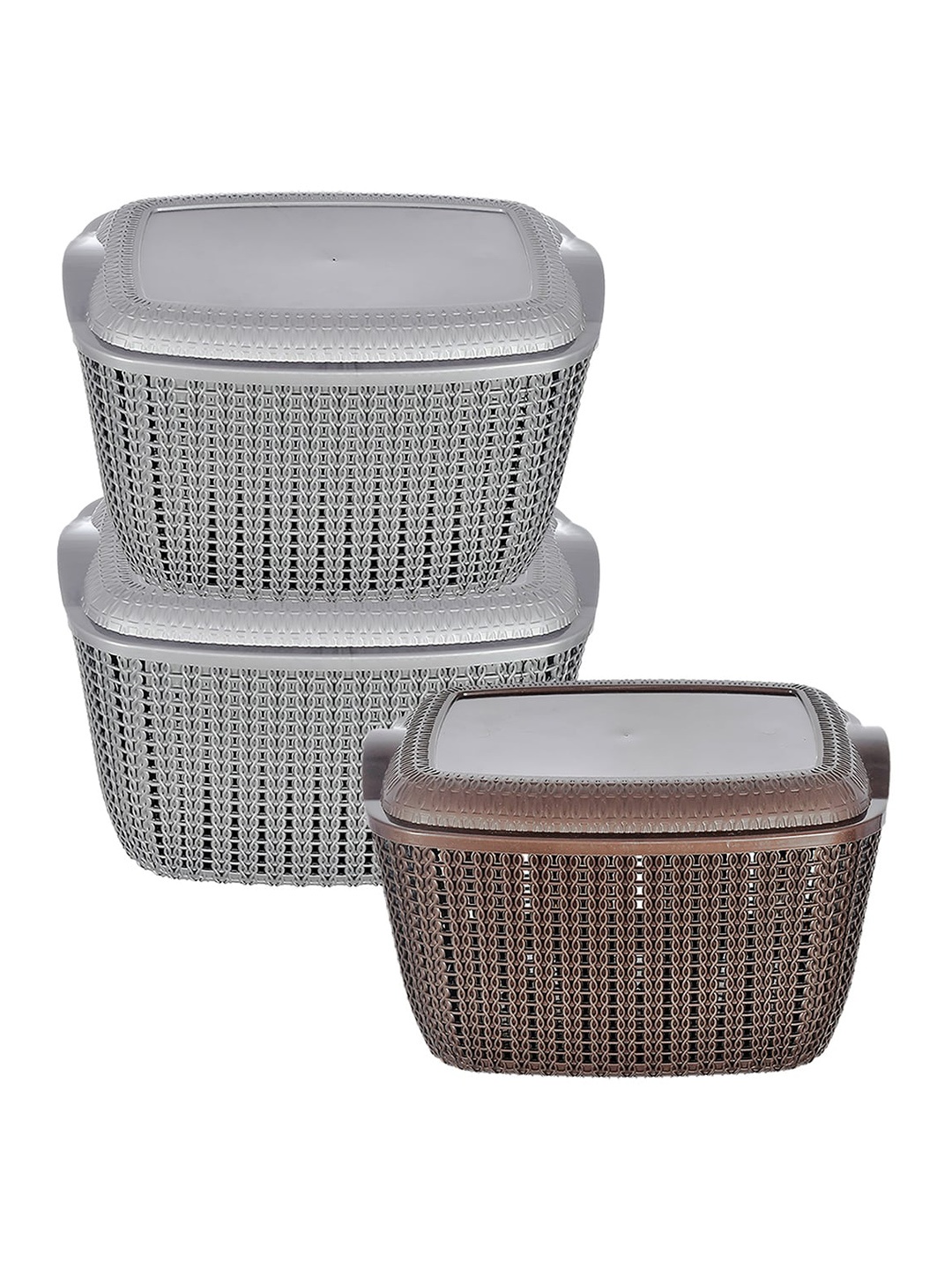 

Kuber Industries Pack of 3 Grey & Brown Multipurpose Plastic Basket With Lids