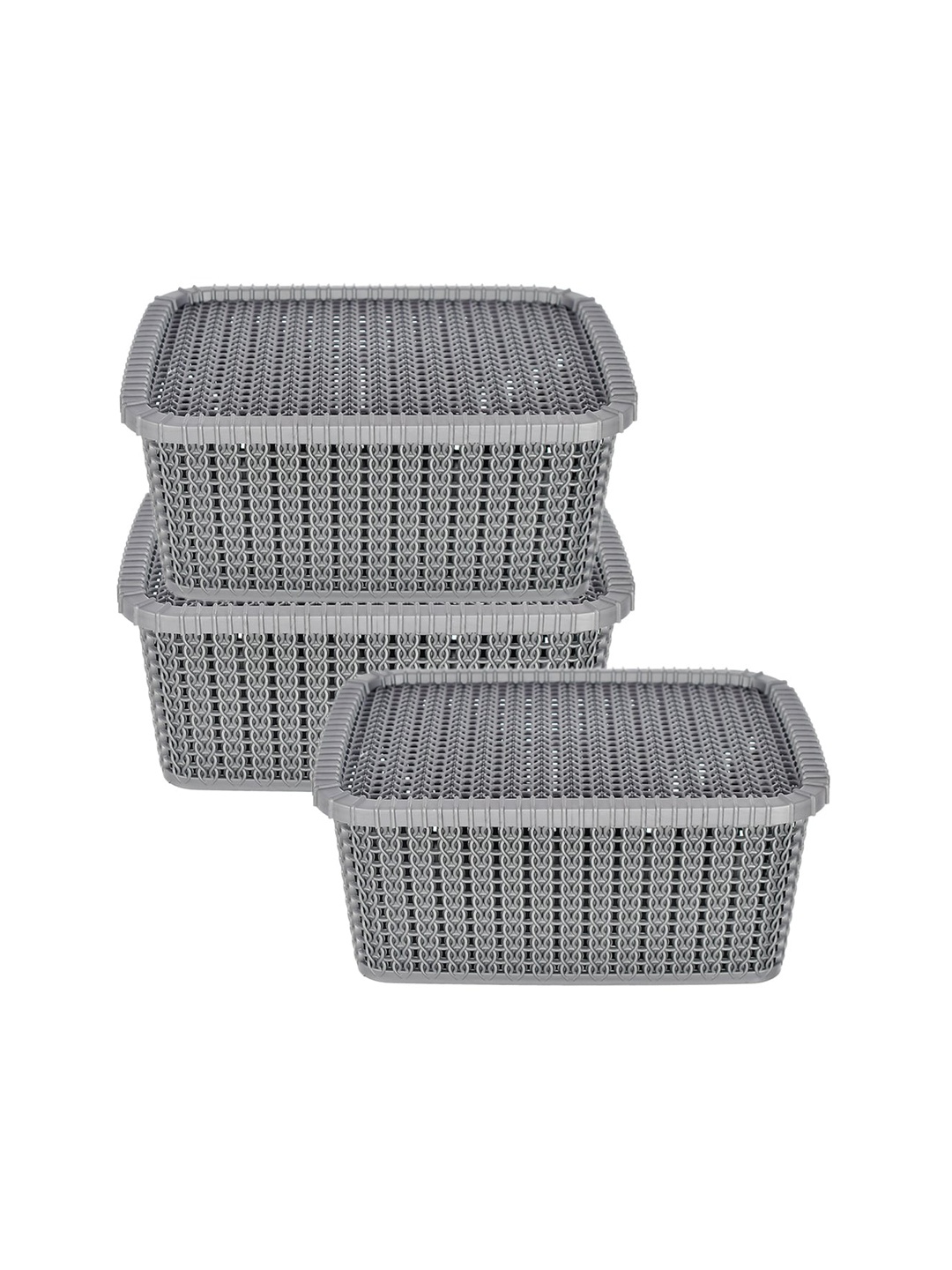 

Kuber Industries Set Of 3 Plastic Basket With Lids, Grey