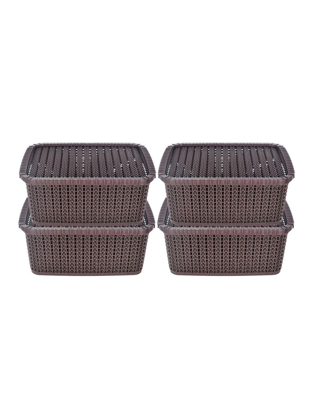 

Kuber Industries Set Of 4 Brown Textured Plastic Baskets With Lids