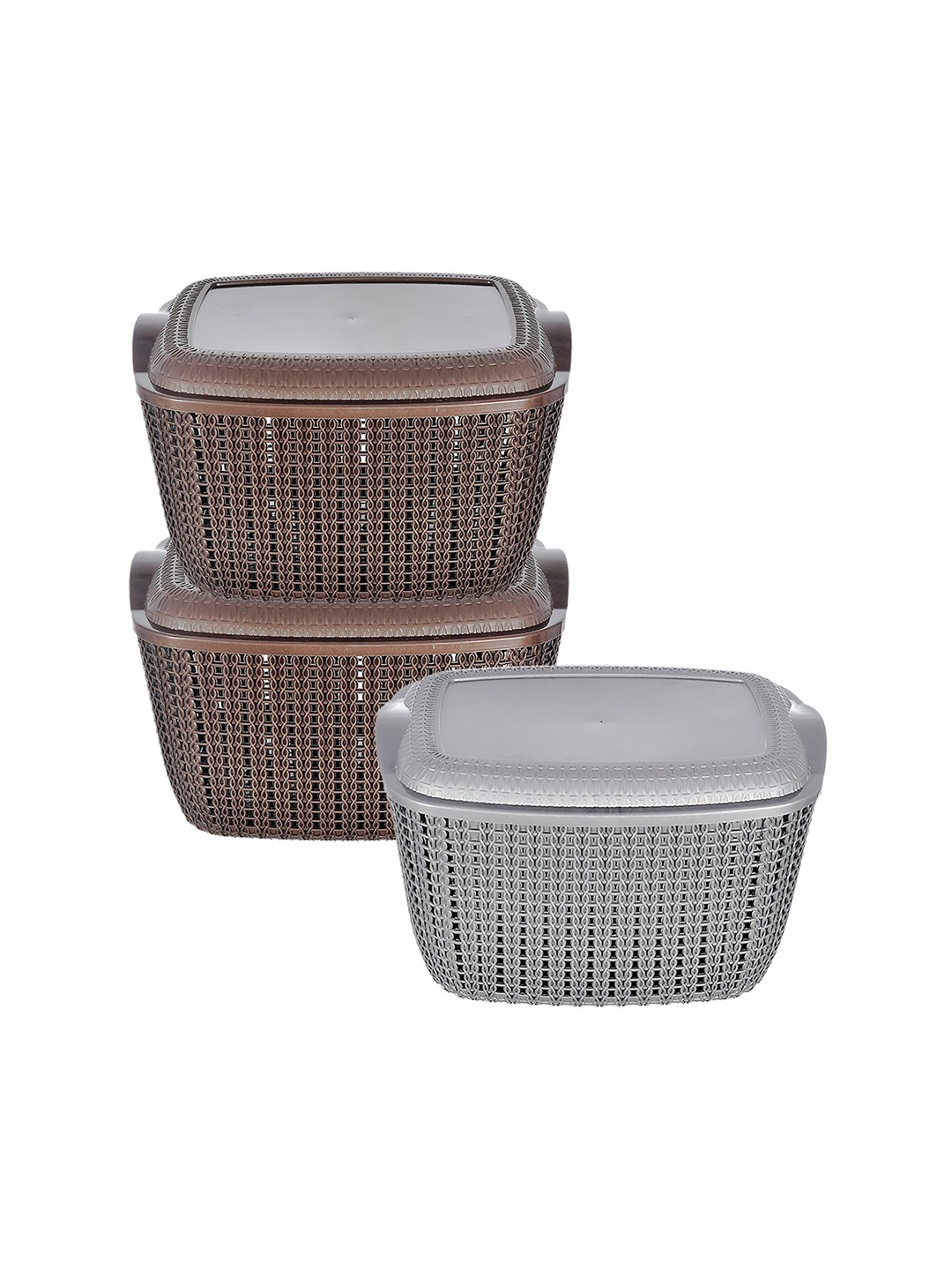 

Kuber Industries Set Of 3 Textured Plastic Baskets With Lids, Brown