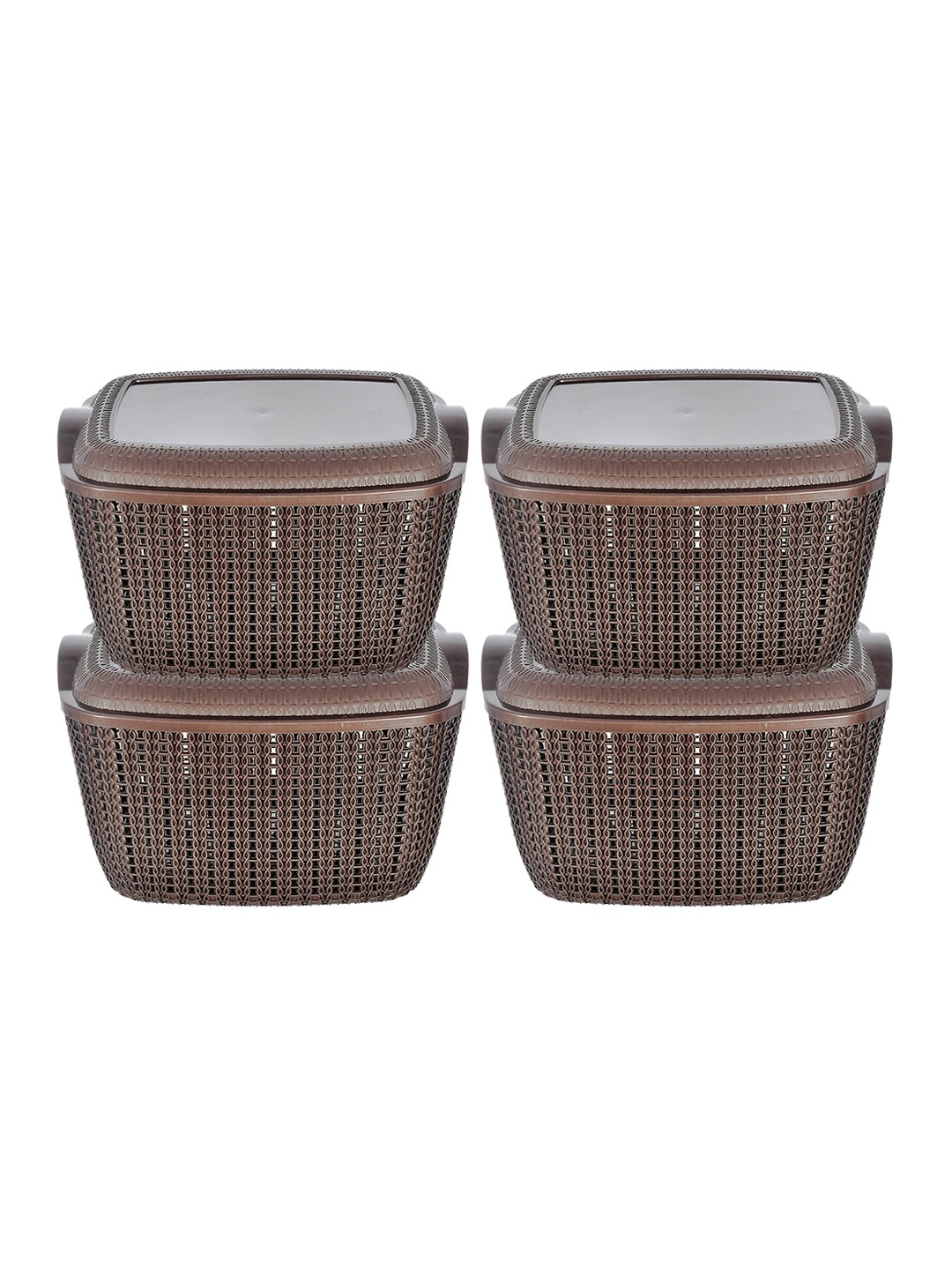 

Kuber Industries Set Of 4 Brown Textured Plastic Baskets With Lids